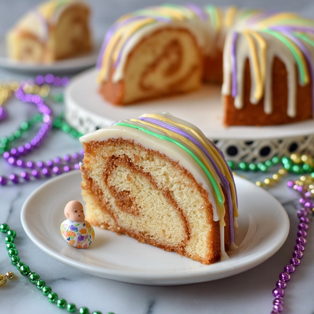 A close-up view of a ring-shaped cinnamon roll cake, golden-brown with a textured, slightly crispy surface, resting on a white plate. The cake is decorated with two layers of icing drizzled in thin, smooth lines across the top in alternating colors: bright green and vibrant purple. A woman's hand, wearing a gray sleeve, is shown holding a clear plastic piping bag filled with purple icing, gently squeezing it to add more decoration onto the cake. The background shows a white marbled texture. photo taken with an iphone --ar 4:5 --v 7