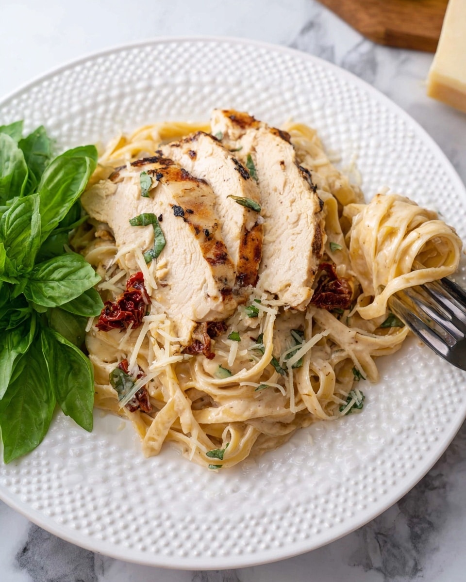A black cast iron pan filled with creamy white sauce and pale yellow fettuccine pasta, mixed with small red sun-dried tomato pieces and green basil leaves scattered throughout. On top, there is a row of six thick slices of seasoned, golden-brown grilled chicken breast with visible pepper specks. The pan rests on a white marbled surface with a black and white striped cloth and a wooden spoon beside it. Photo taken with an iphone --ar 4:5 --v 7