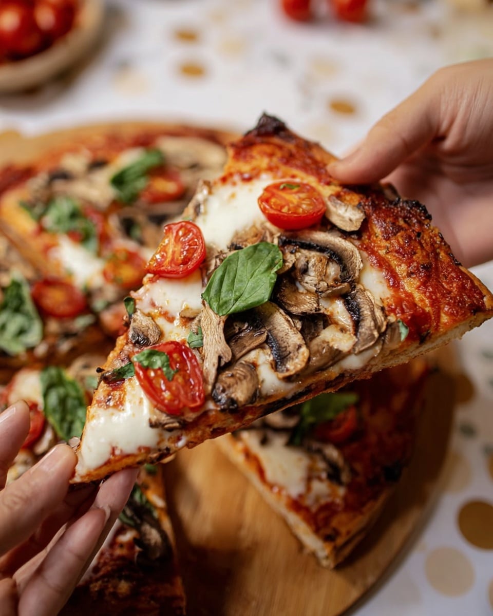 A thick crust pizza with one thick golden-brown outer crust layer, topped by a bright red tomato sauce layer spreading out under a creamy white melted cheese layer that has some bubbles. On top of the cheese, there are thin slices of red tomato and light brown mushroom pieces scattered evenly. Fresh green and dark purple basil leaves are spread across the whole pizza, adding contrast to the reds and whites below. The pizza sits on a black baking tray on a white marbled countertop, with a kitchen background slightly blurred. Photo taken with an iphone --ar 4:5 --v 7