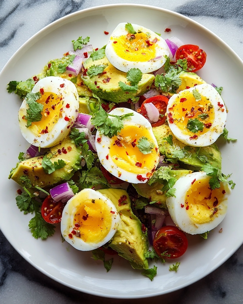 The dish is a colorful salad arranged on a white round plate placed on a white marbled surface. The bottom layer consists of green, chunky avocado pieces and vibrant red halved cherry tomatoes scattered around. On top of this base, there are five halves of hard-boiled eggs, showing firm white outer parts and bright yellow yolks in the center. These egg halves are sprinkled with small, chopped red onion pieces, fresh green cilantro leaves, and fine red chili flakes, adding splashes of purple, green, and red all over. The textures range from smooth avocado to crisp onion and soft egg white, creating a fresh and lively look. Photo taken with an iphone --ar 4:5 --v 7