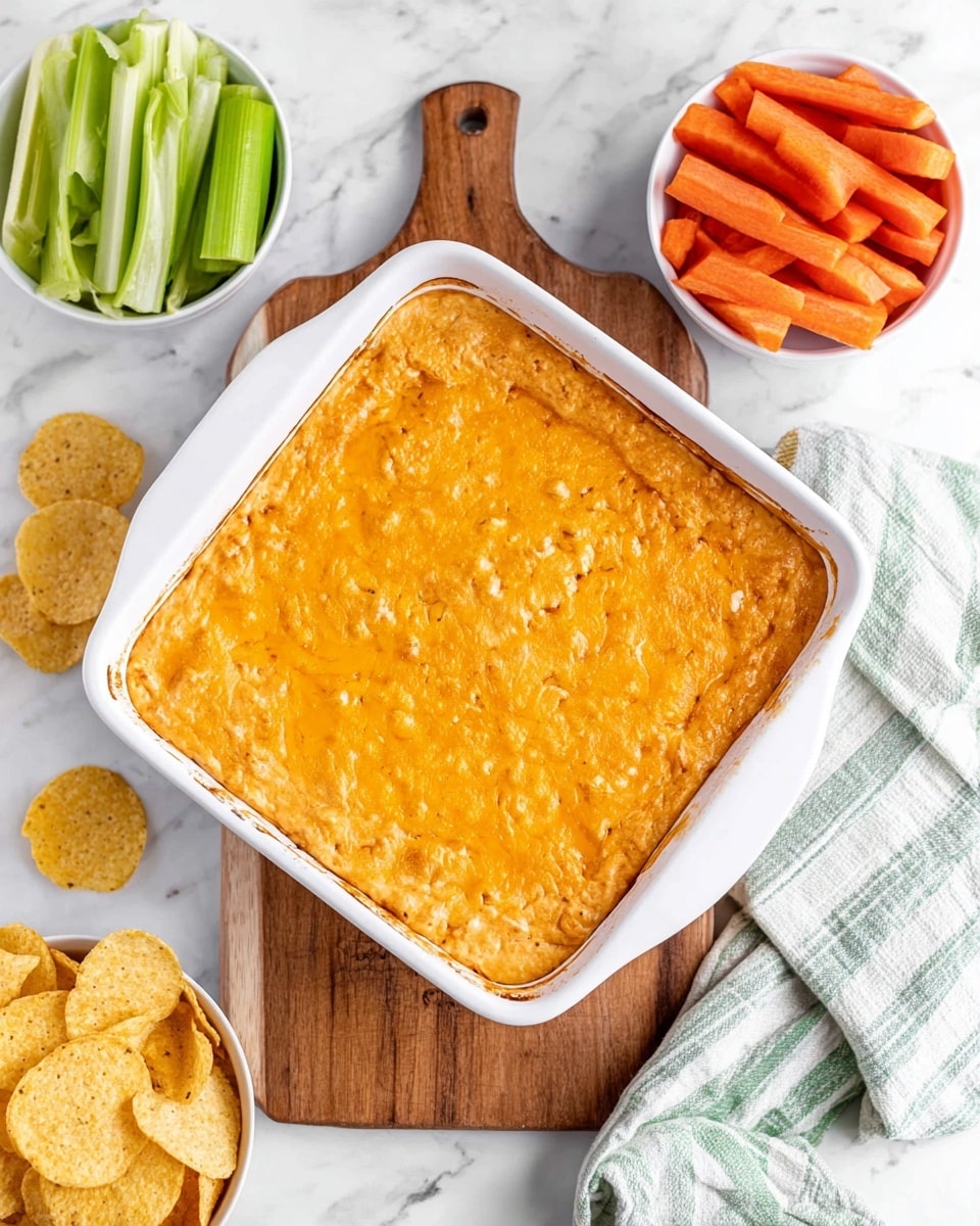 A close-up of a white rectangular dish filled with a thick baked dip showing two layers: a creamy light orange base mixed with shredded chicken and melted bright orange cheese on top creating a gooey, stringy texture. A woman's hand is dipping a triangular light brown chip coated in the cheesy dip, pulling it up with melted cheese stretching from the dish. In the background, there are white bowls filled with more chips and another with sliced orange carrots on a white marbled surface. photo taken with an iphone --ar 4:5 --v 7