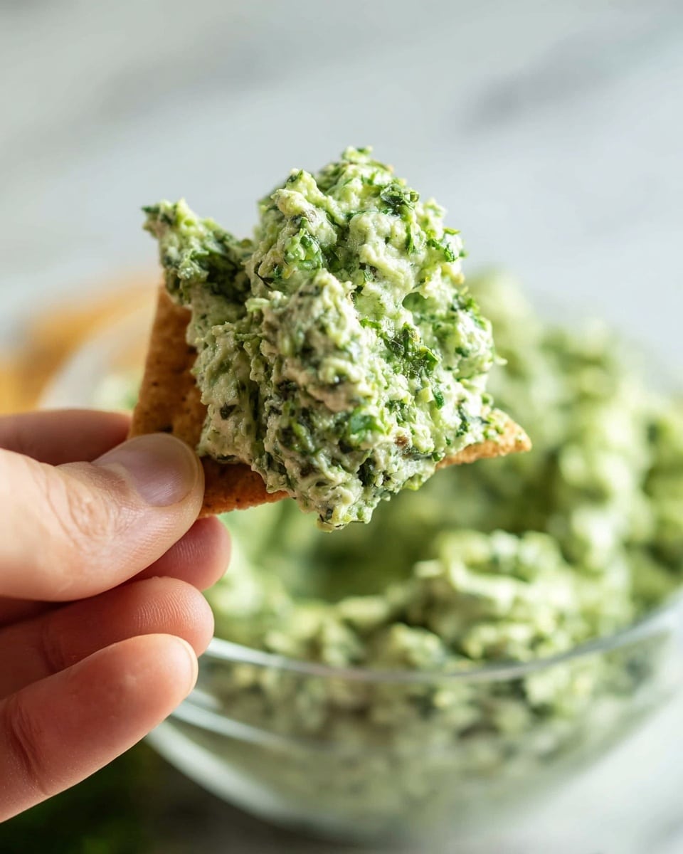 A close-up image showing a woman's hand holding a triangular cracker topped with a thick scoop of green, chunky dip made of finely chopped herbs and creamy ingredients, with visible small bits and a rough texture. In the background, there is a clear glass bowl filled with more of the same green dip, placed on a white marbled surface, slightly out of focus to keep the attention on the cracker. photo taken with an iphone --ar 4:5 --v 7
