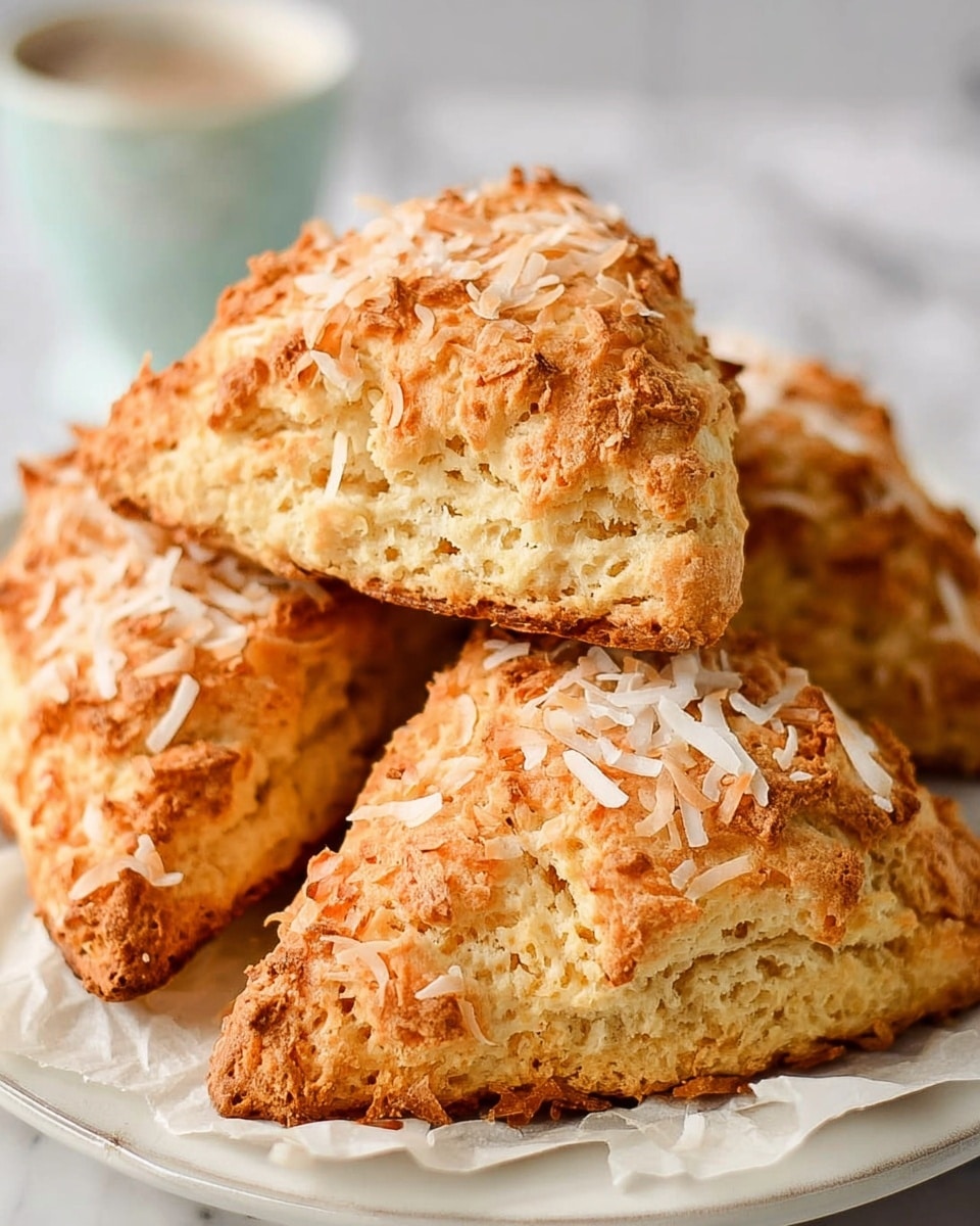 A close-up of four golden-brown scones stacked on a white plate lined with parchment paper, each scone showing a rough, crumbly texture with toasted shredded coconut sprinkled on top and around the edges. The scones are triangle-shaped with small cracks revealing a soft, light yellow inside. The background has a blurred white marbled texture and soft light creating a warm and inviting feel. Photo taken with an iphone --ar 4:5 --v 7