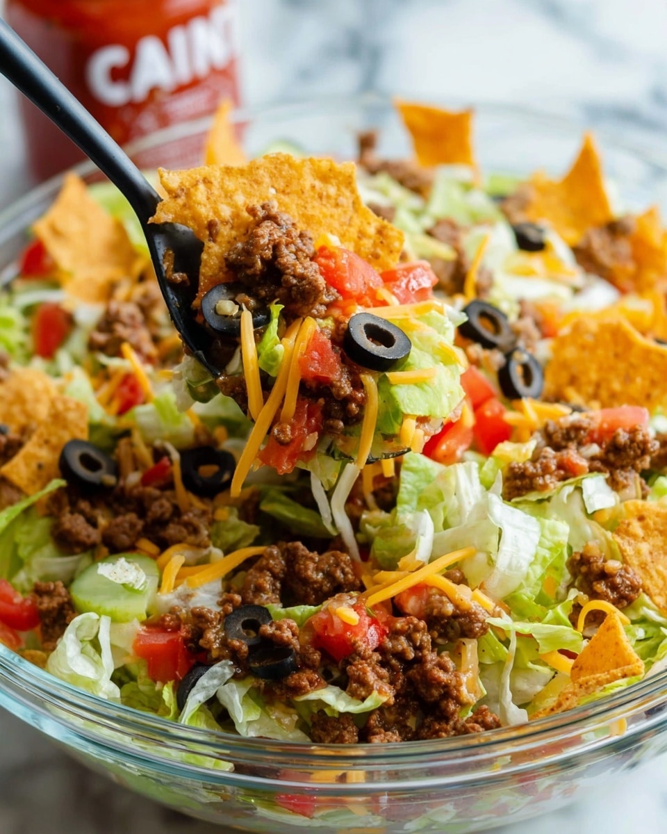 A close-up view of a layered taco salad in a clear glass bowl, showing ingredients mixed together with a black spoon lifting a scoop. The layers include bright orange and crunchy tortilla chips at the bottom, fresh light green shredded lettuce scattered throughout, small chunks of browned ground beef, black olive slices, and diced red tomatoes and green cucumbers adding color. Thin strands of pale yellow shredded cheese are mixed on top, with a slightly shiny texture indicating freshness. The background has a white marbled texture with a faint glimpse of a red sauce bottle blurred in the distance. Photo taken with an iphone --ar 4:5 --v 7