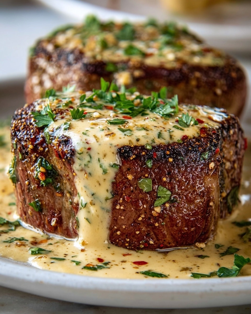 Two thick, round steaks with a dark, crispy crust covered in coarse spices and herbs sit on a white plate. Each steak is topped with a smooth, creamy light yellow sauce dotted with small green herbs and red chili flakes, some of which drips down the sides pooling on the white marbled surface beneath. A fresh sprig of rosemary stands upright between the steaks, adding a touch of green freshness. The texture of the steaks shows a juicy, slightly pink center visible near the edges, contrasting with the well-seared, textured outer layer. Photo taken with an iphone --ar 4:5 --v 7