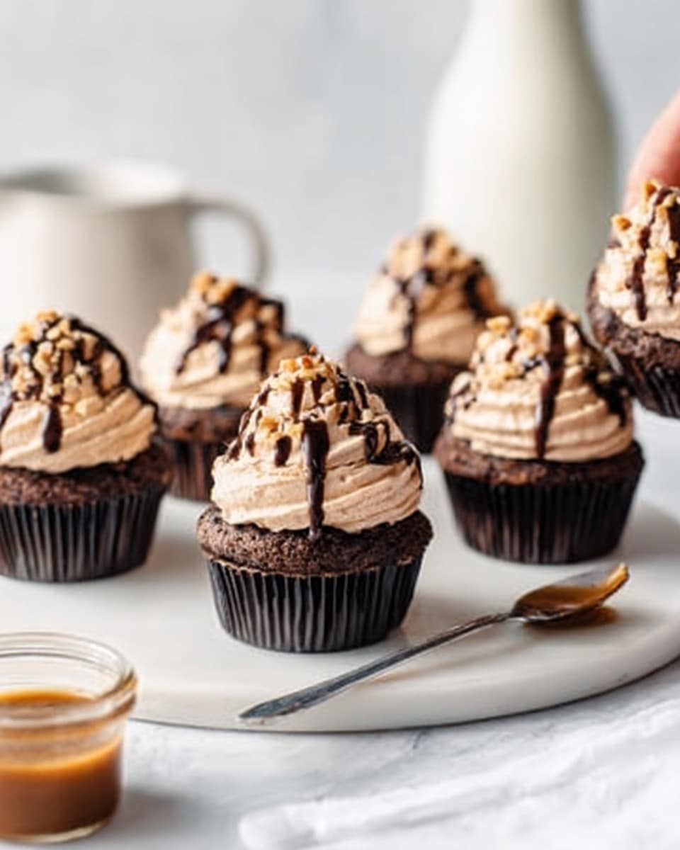 The image shows five dark chocolate cupcakes placed on a white round plate on a white marbled surface. Each cupcake has three layers: a dark brown base, a tall swirl of light brown creamy frosting with a smooth texture, and a drizzle of dark chocolate sauce over the top, with pieces of nuts sprinkled on the frosting. There is a silver spoon dipped in a small glass filled with caramel sauce beside the plate, and there is a blurred white bottle in the background. A woman's hand is visible, holding one of the cupcakes gently. The overall light is soft and natural, highlighting the rich textures of the cupcakes. Photo taken with an iphone --ar 4:5 --v 7
