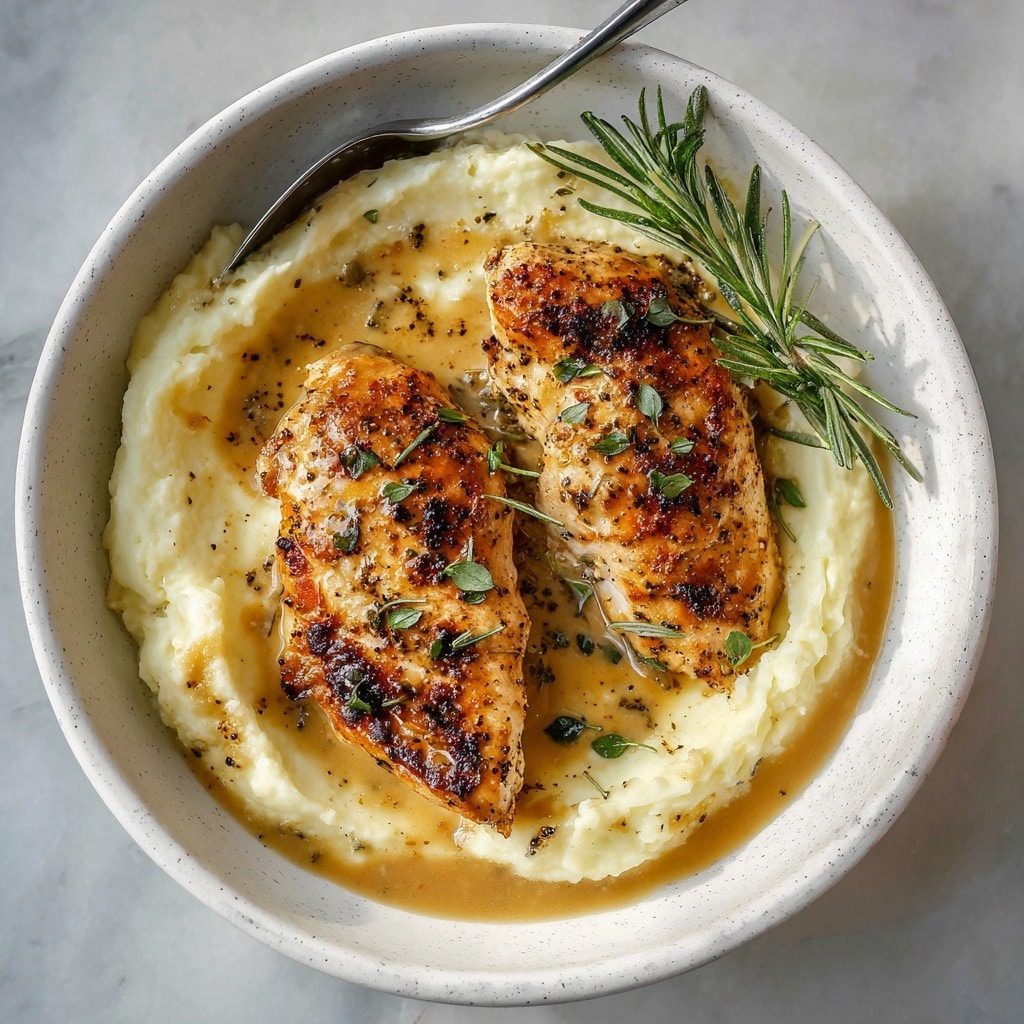 A white speckled bowl contains a base layer of smooth, creamy mashed potatoes that are pale yellow and fluffy in texture, filling most of the bowl. On top, there are two large grilled chicken breasts with a rich golden-brown color, showing char marks and a glossy, slightly oily surface. A pool of brown gravy partially covers the mashed potatoes beneath the chicken, adding a glossy finish. Bright green herbs are sprinkled over the chicken, and a small sprig of rosemary rests on the edge of the bowl. A silver fork is placed on the right side, resting inside the bowl. The bowl is set against a white marbled texture background. photo taken with an iphone --ar 4:5 --v 7