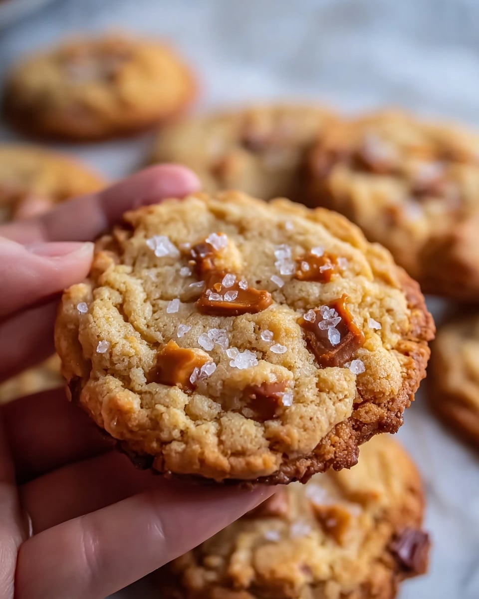 A close-up of a golden brown cookie with a rough, crispy edge and a softer middle, held by a woman's hand. The cookie has visible chunks of caramel-colored chocolate and scattered grains of white sea salt on top. In the blurred background, more cookies with similar texture and color rest on a white marbled surface, creating a warm and inviting scene. photo taken with an iphone --ar 4:5 --v 7