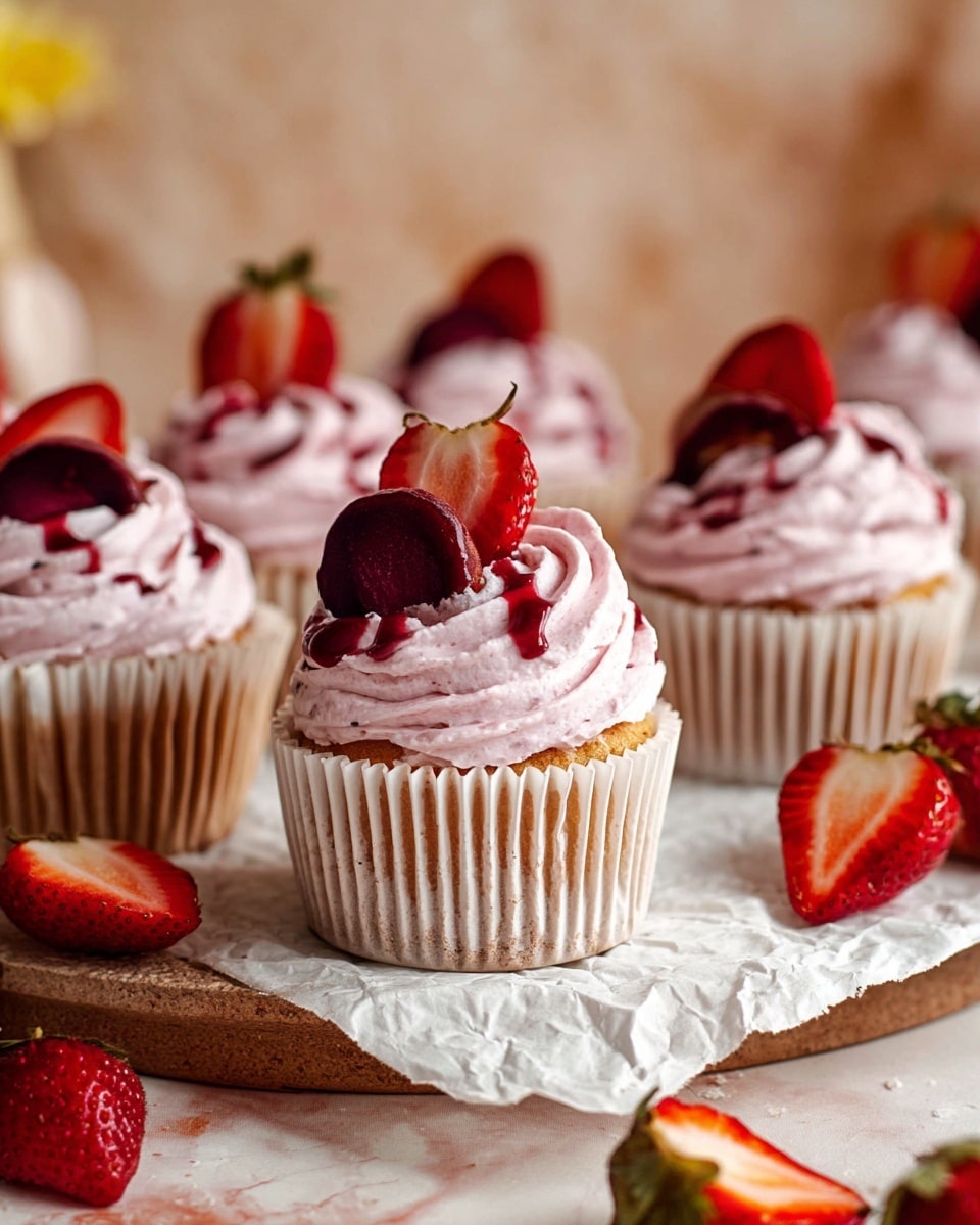 This image shows several cupcakes, each with a light brown base wrapped in white paper liners. On top of each cupcake is a thick swirl of smooth, light pink frosting with a soft texture. The frosting is decorated with small white sugar crystals and a few drops of dark red syrup. Each cupcake is topped with a fresh red strawberry slice alongside a darker red plum slice, both glossy and juicy in appearance. In front of the cupcakes, a whole bright red strawberry rests on parchment paper over a wooden surface. The background is a white marbled texture. photo taken with an iphone --ar 4:5 --v 7