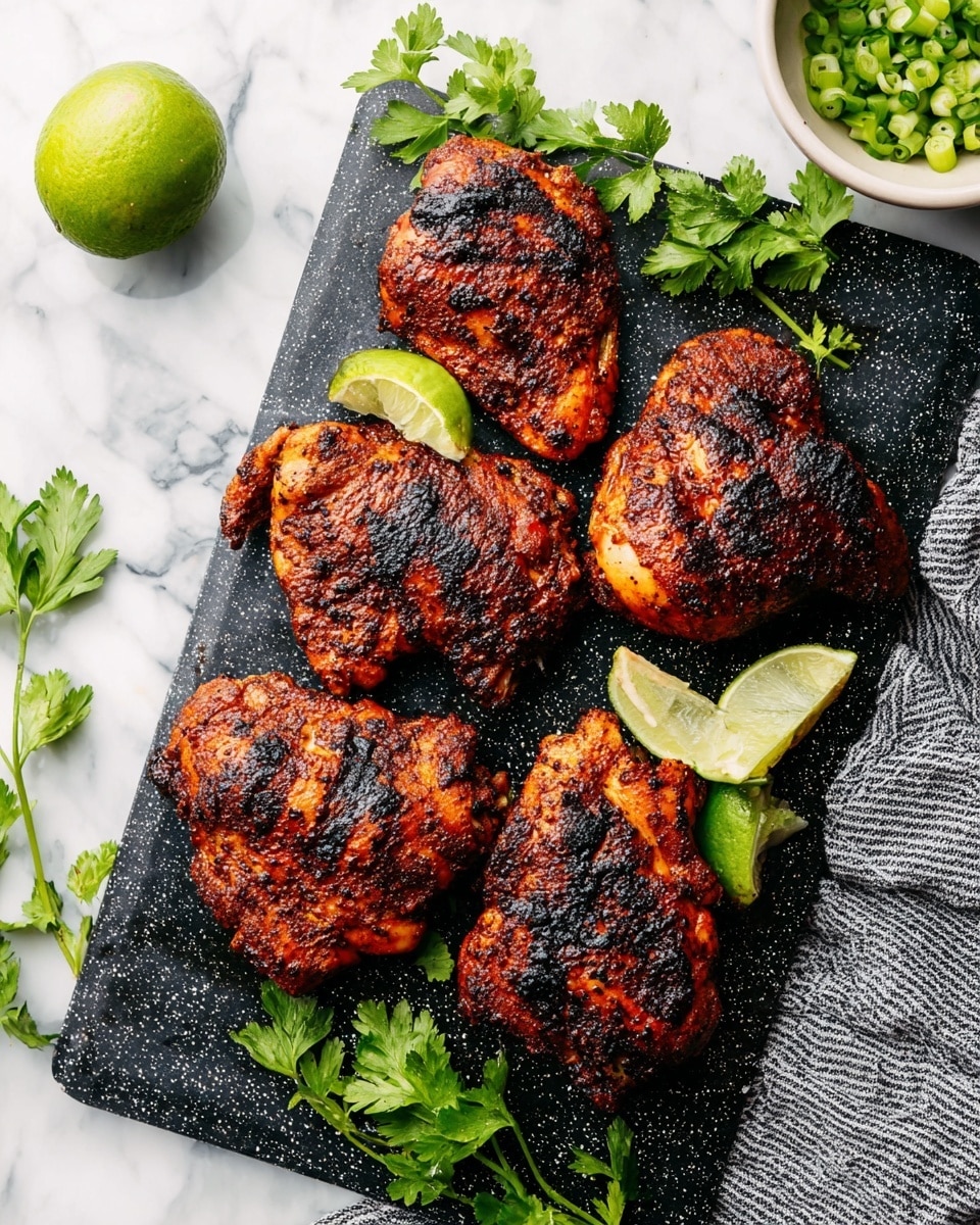 The image shows five pieces of grilled chicken thighs with a dark, spicy char on a black cutting board. The chicken pieces have a rich brown and black color with a slightly crispy texture on top. Lime wedges with a bright yellow-green color are placed at the edges of the board, along with fresh flat-leaf parsley, adding green color and freshness. A whole lime is seen at the top left corner. In the background, there is a white bowl filled with chopped green onions. The cutting board is on a white marbled surface with a striped cloth underneath the bottom edge of the board. photo taken with an iphone --ar 4:5 --v 7