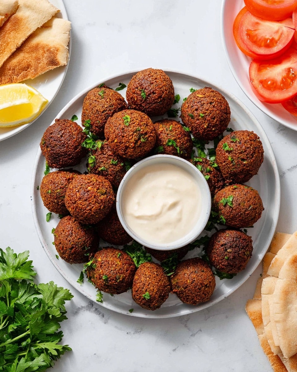 A white plate holds about fifteen round falafel balls that are deep brown with a crunchy texture and sprinkled with small bits of green parsley. In the middle of the plate, there is a small white bowl filled with smooth, creamy white sauce. Around the plate, on the white marbled surface, there are slices of bright red tomatoes and lemon wedges on another white plate to the left, toasted pieces of pita bread nearby, and a bunch of fresh green parsley lying on a separate white plate to the right. The scene has bright natural light, emphasizing the different textures and colors of each item. photo taken with an iphone --ar 4:5 --v 7