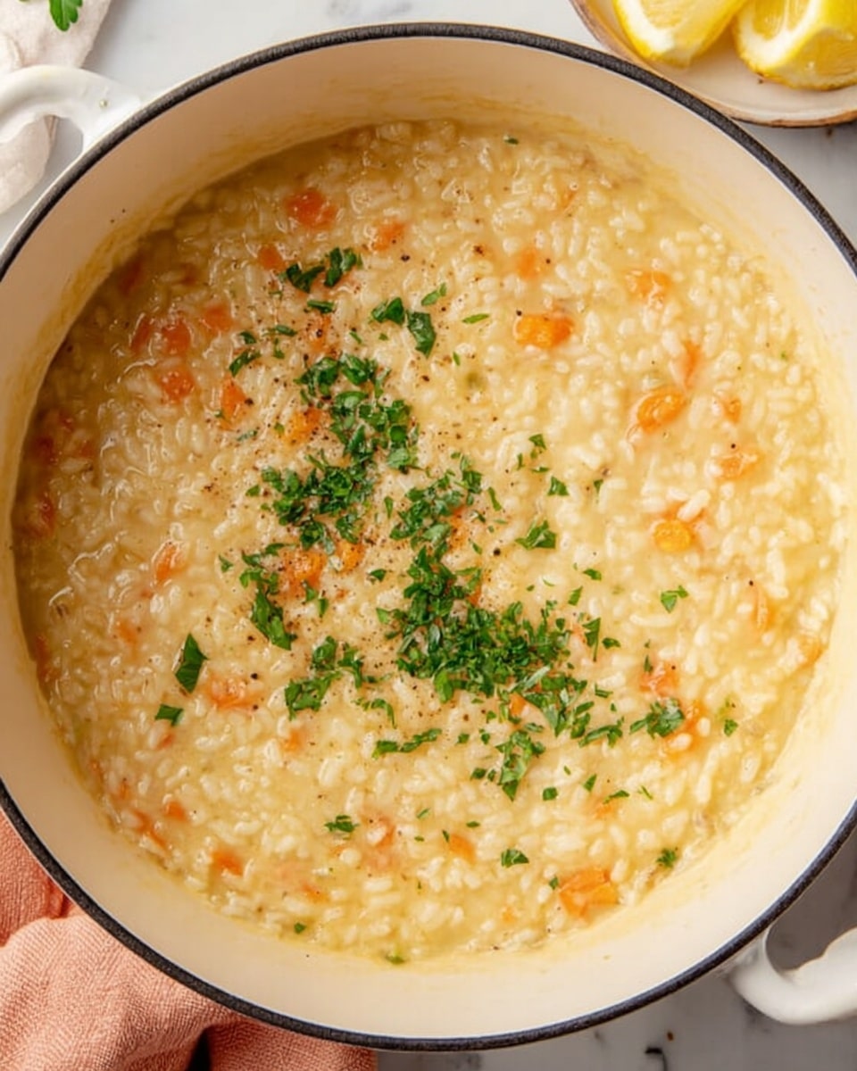 The image shows two white bowls filled with a thick, creamy soup that has a pale yellow-orange color with small bits of orange carrot and grains visible throughout. Each bowl is garnished with a bright yellow lemon wedge placed on the rim and fresh, chopped green herbs sprinkled on top, mostly clustered on one side. A silver spoon is partially dipped into the soup in the front bowl. The bowls are set on a white marbled surface, with a soft orange and white striped cloth napkin nearby. A small clear glass bowl containing lemon wedges is also visible in the background. Photo taken with an iphone --ar 4:5 --v 7