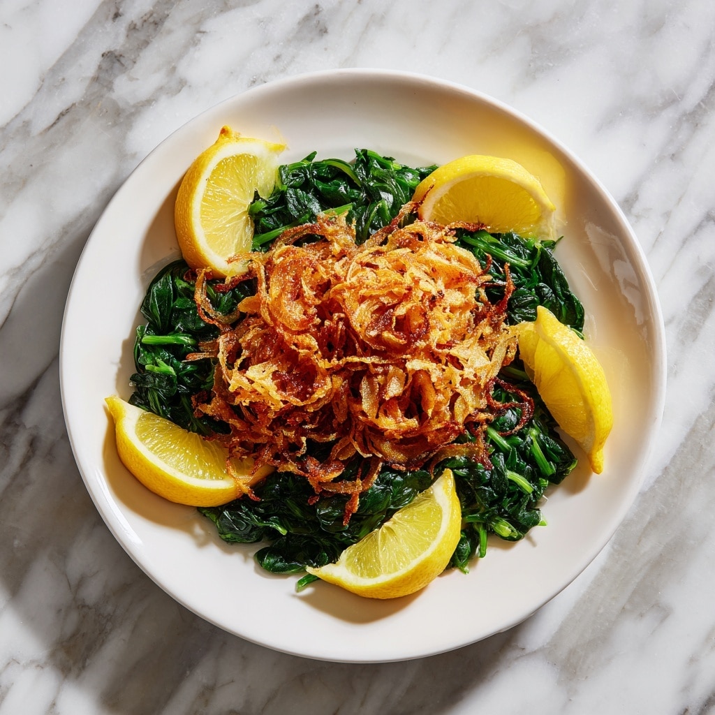 A white plate holds a dish with three main layers. The bottom layer is a bed of cooked dark green leafy vegetables spread evenly around the edge of the plate. On top of this, there is a thick heap of golden-brown crispy fried thin onions placed in the center, with some green herbs mixed in. Two lemon wedges are positioned on the left side near the leafy greens. A woman's hand is shown holding a folded soft white flatbread filled with some cooked leafy greens, hovering above the plate. The background surface has a white marbled texture. Photo taken with an iphone --ar 4:5 --v 7