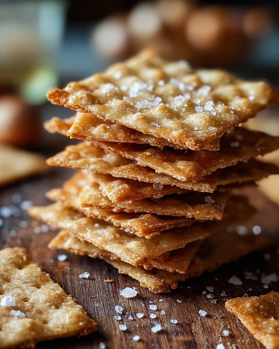 A close-up image of a stack of golden brown crackers with a crispy texture, each cracker square shaped with small holes evenly spread across the surface. The crackers are sprinkled with large grains of coarse salt that glisten in the light. The stack has about seven layers, and the edges of the crackers look crunchy and well-baked. More crackers and crumbs are scattered around the stack on a white marbled surface. Photo taken with an iphone --ar 4:5 --v 7