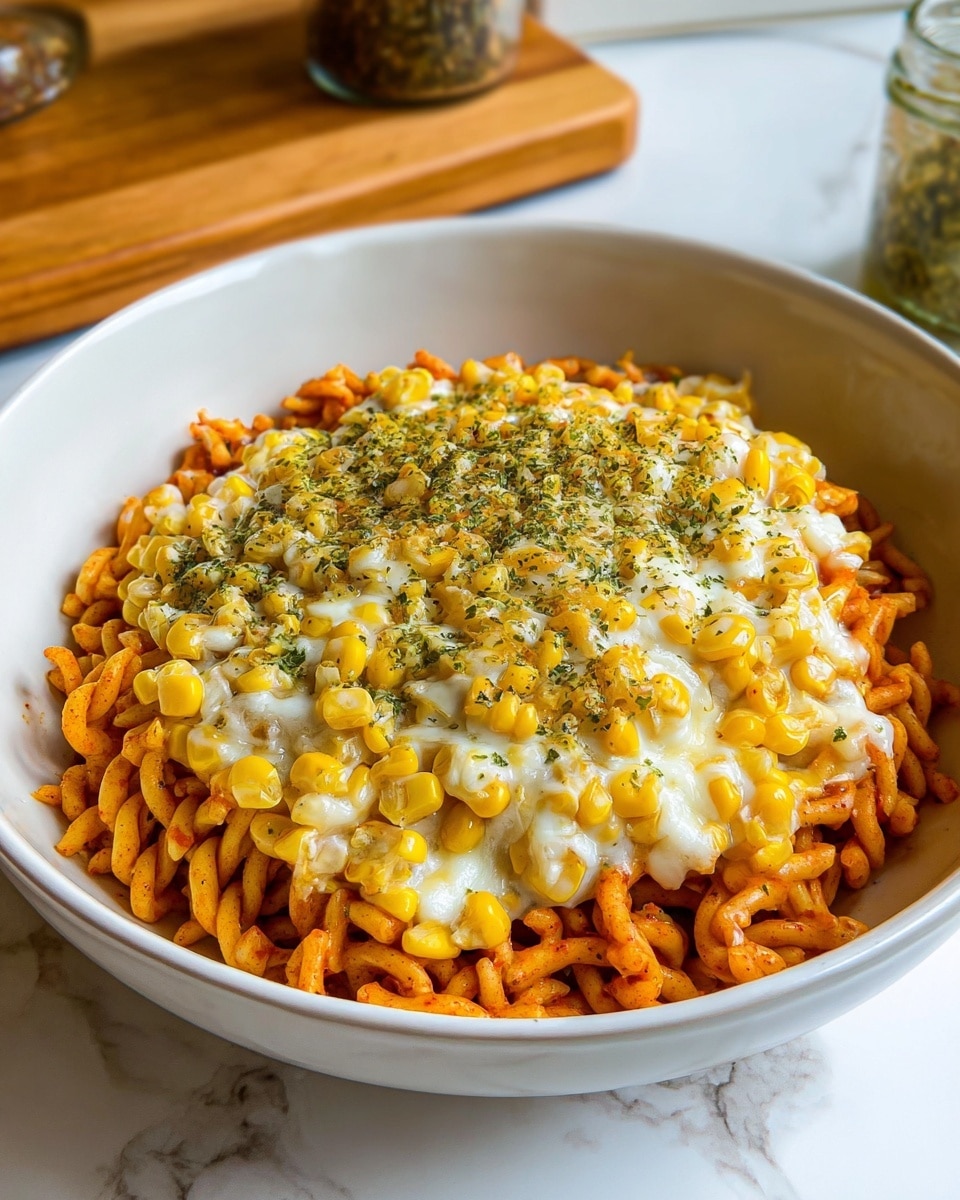 A white bowl holds a two-layer dish starting with twisted, orange noodles at the bottom, visible around the edges. The top layer is a mix of melted white cheese and bright yellow corn kernels, spread unevenly across the noodles. Small green flecks of dried parsley are sprinkled on top, adding color contrast. The bowl is placed on a white marbled surface with a blurred background showing a wooden board and a jar. Photo taken with an iphone --ar 4:5 --v 7