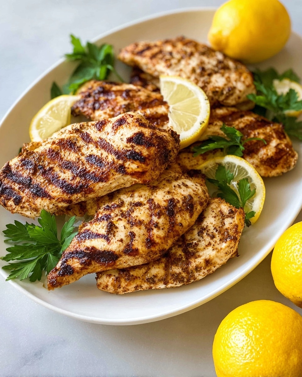 A white oval plate holds five grilled chicken breasts layered closely together, each with a golden-brown color and visible char marks showing a textured grilled surface. Under and around the chicken, bright green parsley leaves add fresh color. Lemon wedges, pale yellow with a juicy texture, are placed between some chicken pieces, adding brightness. The plate is set on a white marbled background, next to two whole vibrant yellow lemons, adding a fresh, natural touch. Photo taken with an iphone --ar 4:5 --v 7
