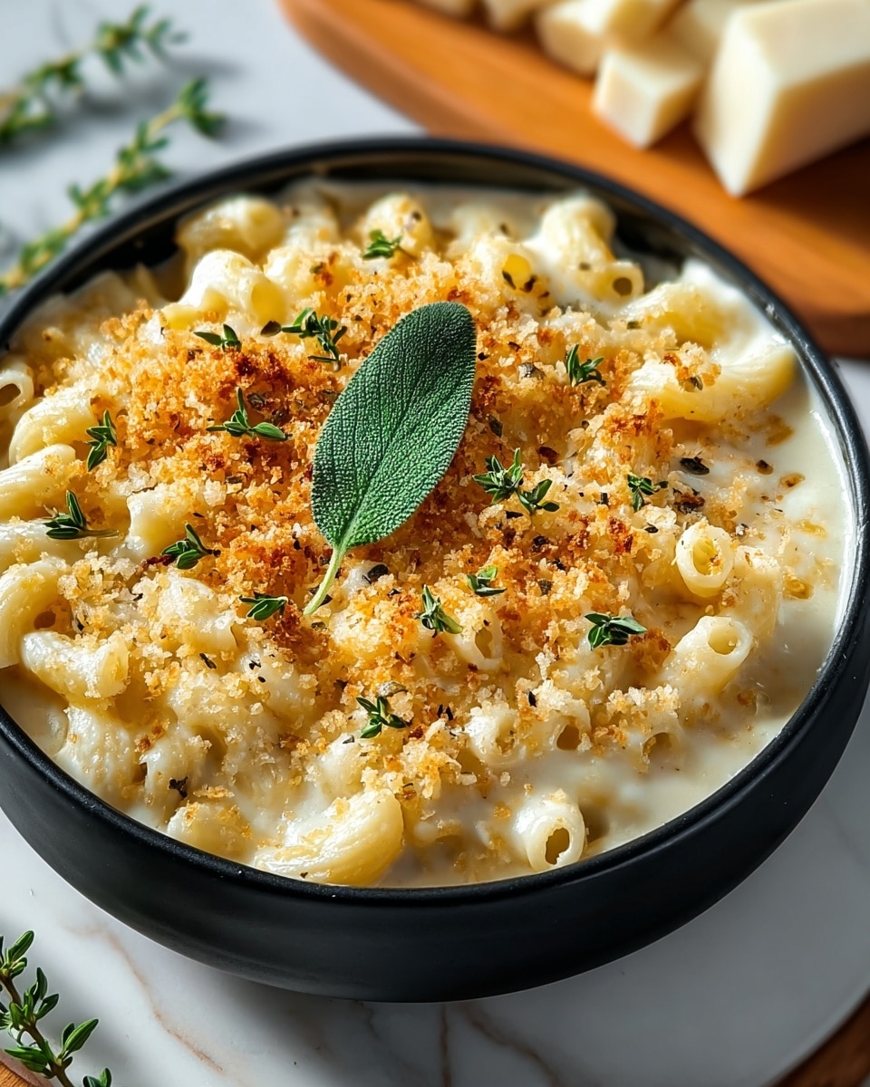 A close-up view of a creamy macaroni and cheese dish served in a white bowl with a black rim, showing three visible layers: the bottom layer of tender elbow pasta coated in rich, smooth cheese sauce with a pale yellow color, a thick middle layer of bubbly, melted cheese, and a top layer of golden brown toasted breadcrumbs that add crunch, sprinkled unevenly and garnished with scattered small green herb leaves and a sprig of fresh sage in the center; the background is a clean white marbled surface with soft natural lighting highlighting textures and colors. photo taken with an iphone --ar 4:5 --v 7