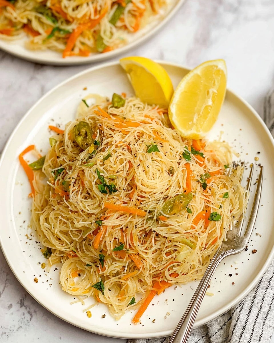 A white plate holds a neat mound of thin, pale yellow noodles mixed with thin orange carrot strips and small green chili slices, lightly topped with small green herb pieces and black pepper flakes. On the top and side of the pile, there are two bright yellow lemon wedges adding a fresh pop of color. A silver fork rests on the right side of the plate, and the plate is placed on a white marbled surface. A second plate with similar noodles and a lemon wedge is partially visible in the background. Photo taken with an iphone --ar 4:5 --v 7
