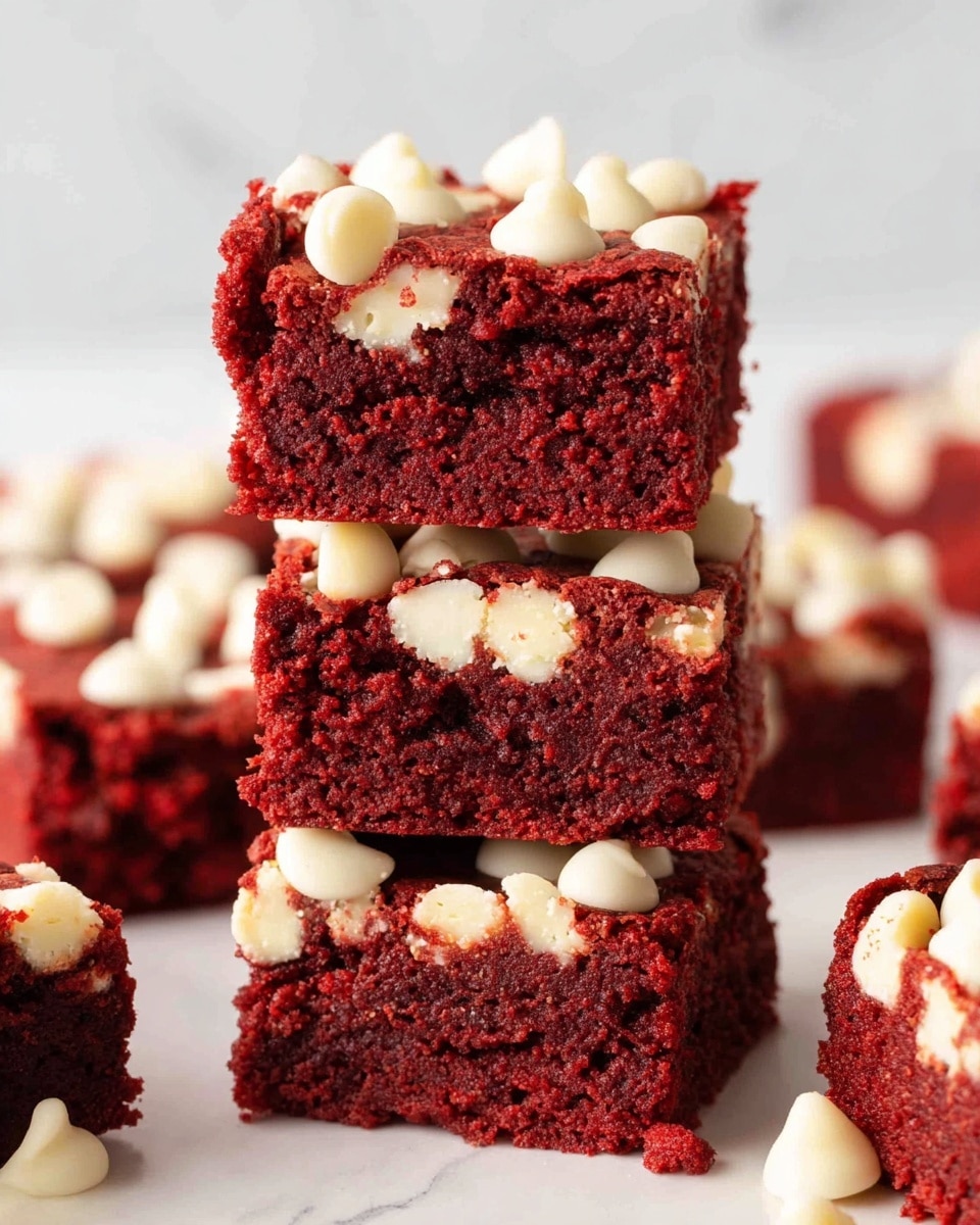 The image shows several square pieces of red velvet brownies scattered over a white marbled surface. Each brownie has a rich, deep red color with a soft and slightly cracked texture on top. The brownies are sprinkled generously with creamy white chocolate chips, some embedded on top and others scattered around the edges. The layers are simple, consisting mainly of the red brownie base topped by the white chocolate chips, creating a strong contrast between the red and white colors. Photo taken with an iphone --ar 4:5 --v 7