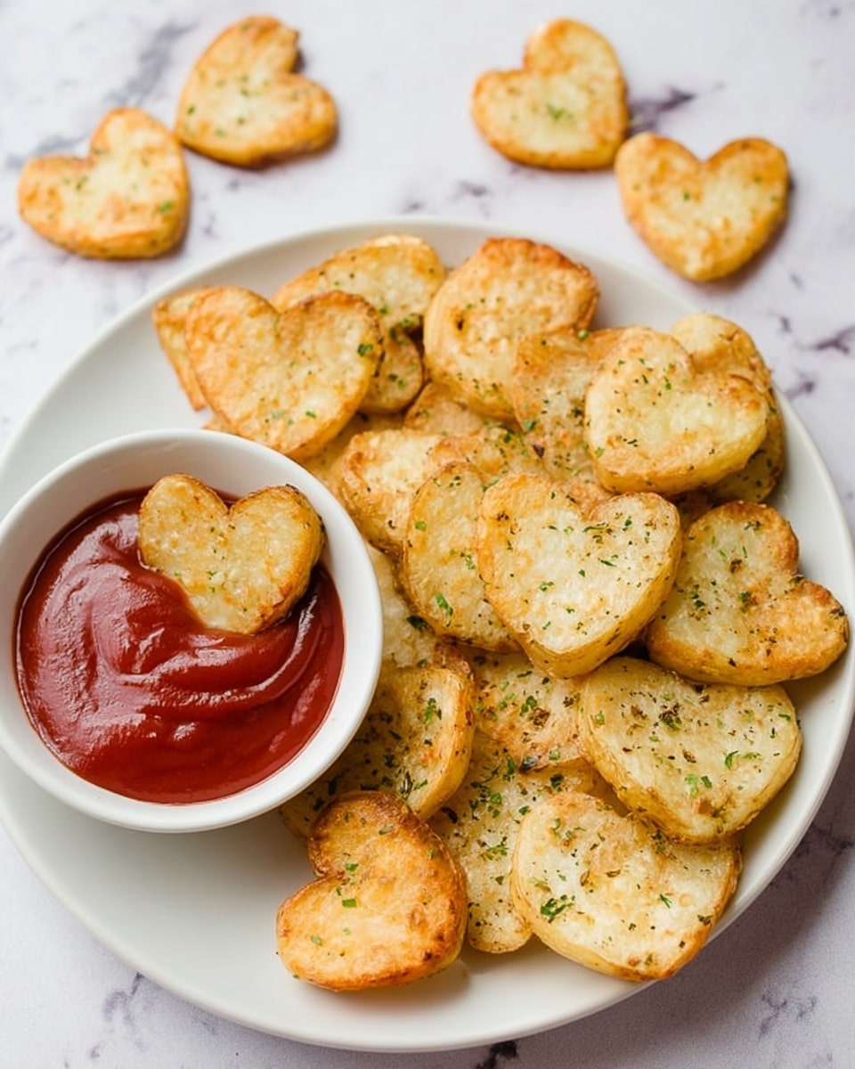 A white plate filled with heart-shaped potato slices, golden brown with specks of green herbs scattered on top, showing a crispy texture. On the left side of the plate, there is a small white bowl filled with thick, glossy red ketchup, with one heart-shaped potato slice partially dipped into the sauce. Several more heart-shaped potato slices are scattered on a white marbled surface behind the plate, creating a casual, inviting arrangement. The photo taken with an iphone --ar 4:5 --v 7
