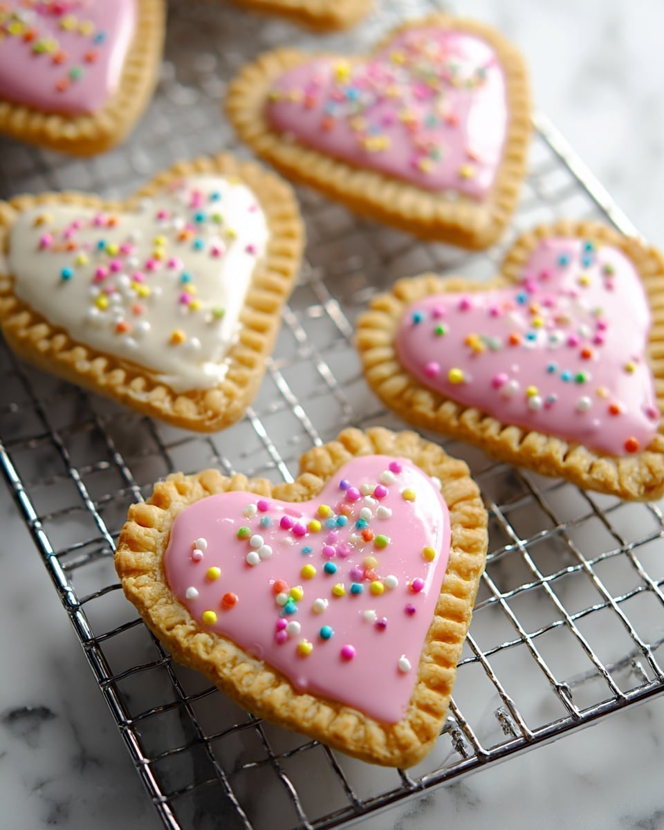 The image shows several heart-shaped mini pies resting on a wire cooling rack over a white marbled surface. Each pie has a golden brown crust with crimped edges, forming the bottom layer, topped with a smooth, glossy icing layer in pink or white. The pink icing is decorated with colorful round sprinkles, and the white icing also has scattered multicolored sprinkles. The pies are arranged in a slightly irregular pattern, and soft natural light highlights their textures and colors. Photo taken with an iphone --ar 4:5 --v 7