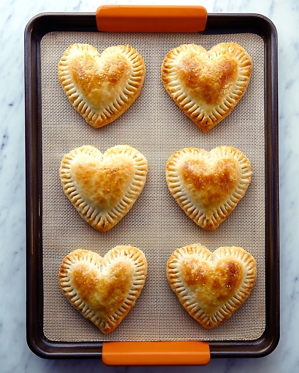 Six heart-shaped pastries with a golden-brown crust are arranged in three rows of two on a baking tray lined with a light beige silicone baking mat. Each pastry has a crimped edge giving texture to the border, with the top layer smooth and slightly glossy. The baking tray is dark with orange handles at the top and bottom. This setup is placed on a white marbled surface. photo taken with an iphone --ar 4:5 --v 7