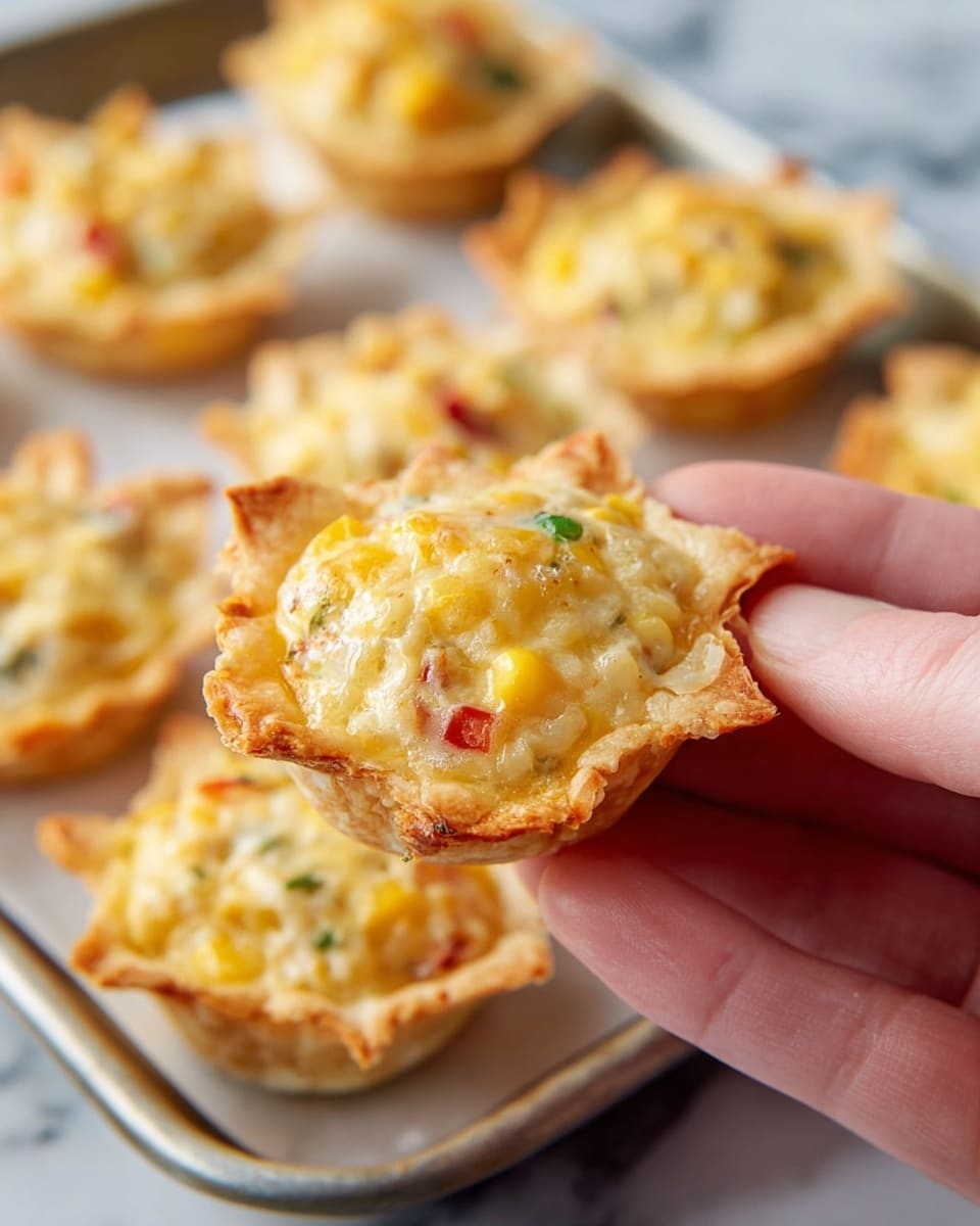 A close-up image showing a woman's hand holding a small baked appetizer made of a light brown crispy shell filled with a creamy mixture colored yellow and white with visible corn kernels and bits of red and green vegetables. The appetizer has an irregular star shape with soft crispy edges. Several similar appetizers sit scattered on a silver baking tray beneath the woman's fingers against a white marbled background. The filling appears slightly browned on top, indicating it is baked. Photo taken with an iphone --ar 4:5 --v 7