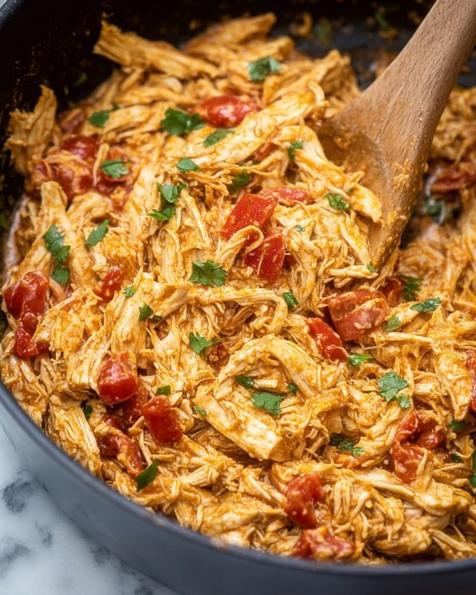 A close-up view of shredded chicken mixed with small chunks of red tomatoes and sprinkled with green cilantro pieces. The chicken is coated in a rich, orange-colored sauce that looks creamy and well-seasoned. The mixture is inside a black pan, and a wooden spoon is partially inserted into the chicken, stirring it. The chicken strands show a moist and tender texture with visible spices. The background is a white marbled surface. Photo taken with an iphone --ar 4:5 --v 7