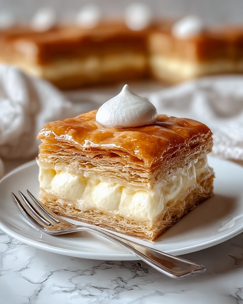 A square piece of dessert with three layered golden brown flaky pastry, each layer separated by thick creamy white filling. The top layer has a shiny, glazed surface with a small dollop of smooth white cream on top. The dessert is placed on a white plate with a silver fork beside it, all set on a soft white marbled textured surface with a blurred background of more pastry. Photo taken with an iphone --ar 4:5 --v 7
