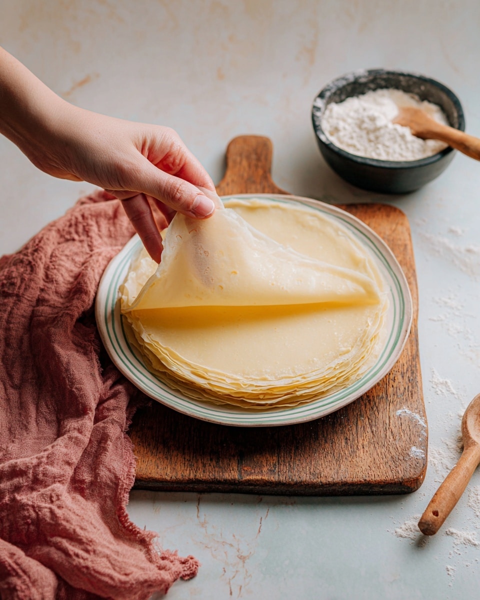 A woman's hand is lifting a thin, pale yellow crepe from a stack of about ten delicate, translucent layers on a white plate with subtle green stripes, placed on a rustic wooden cutting board. To the upper right, there is a black bowl filled with flour next to a wooden spoon holding a small pile of flour. A soft, textured dusty pink cloth lies on the lower left corner. The whole scene rests on a white marbled surface, with a natural warm light illuminating the soft, smooth textures. photo taken with an iphone --ar 4:5 --v 7