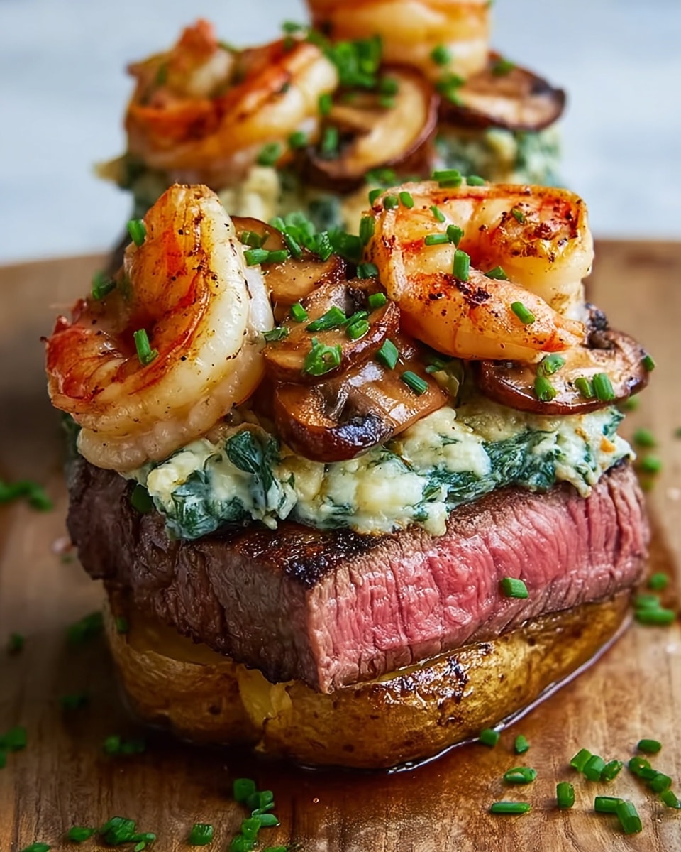 A close-up shows a thick, juicy steak cooked medium rare with a dark brown, charred outer layer and a pink, tender center. On top of the steak is a layer of sautéed mushrooms in a creamy white sauce with specks of green herbs. Over the mushrooms sits a large, golden-brown grilled shrimp with a slightly crispy texture, garnished with finely chopped green herbs. The steak and toppings rest on a white plate, all placed on a white marbled texture. The image focuses sharply on the foreground steak, with similar steak and shrimp pieces visible but blurred in the background. photo taken with an iphone --ar 4:5 --v 7