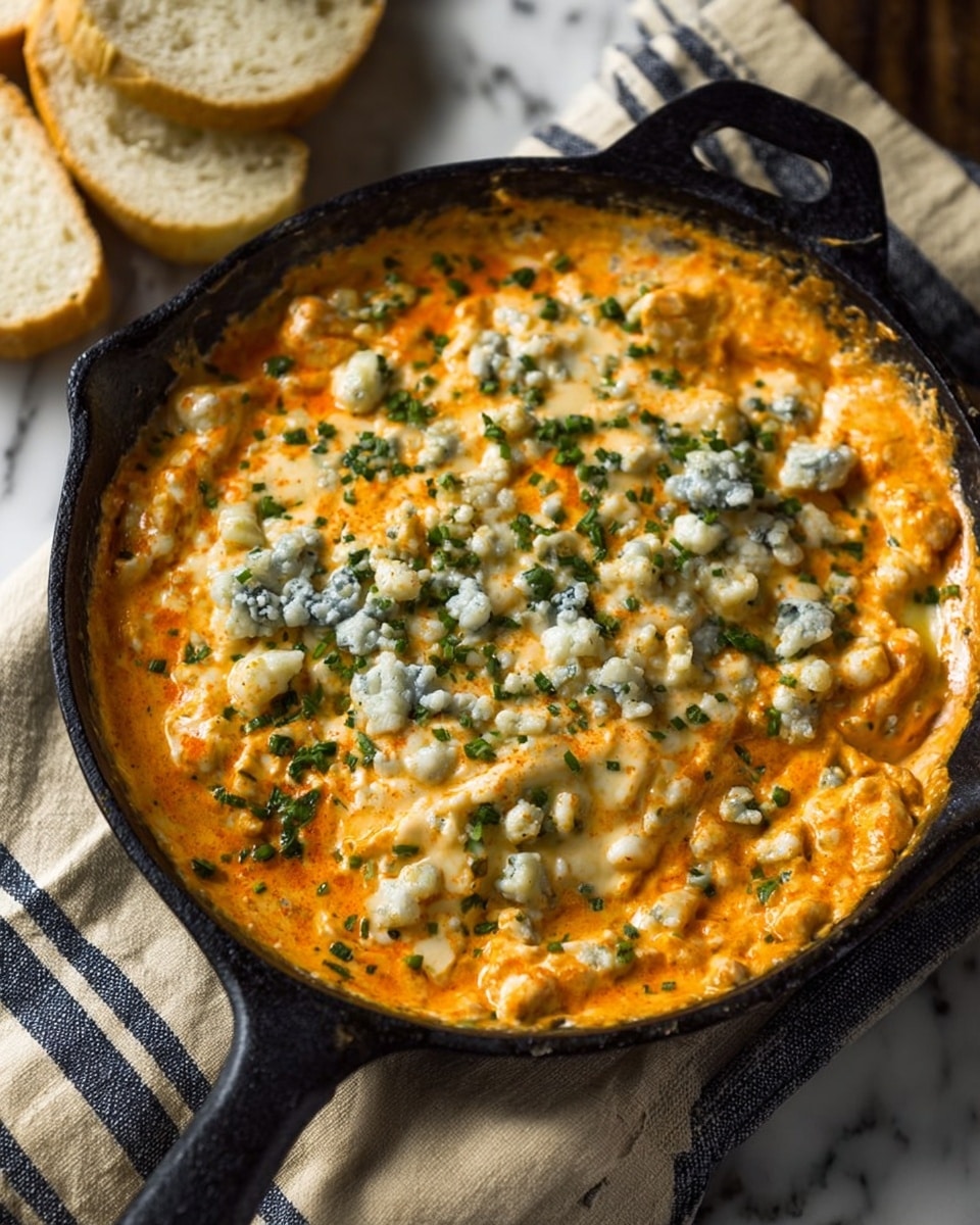 A close-up view of a dish with a thick, creamy orange cheese sauce as the base layer, visibly melted and slightly browned on top, covering chunks of food beneath. Scattered over this sauce are uneven dollops of soft white cheese with some blue veins, adding texture and color contrast. Small pieces of chopped green herbs are spread over the entire surface, giving a fresh look with bright green spots against the warm cheese colors. The dish is inside a dark pan resting on a white marbled surface, showing a rich, gooey, and textured appearance of the melted cheese and herbs. Photo taken with an iphone --ar 4:5 --v 7