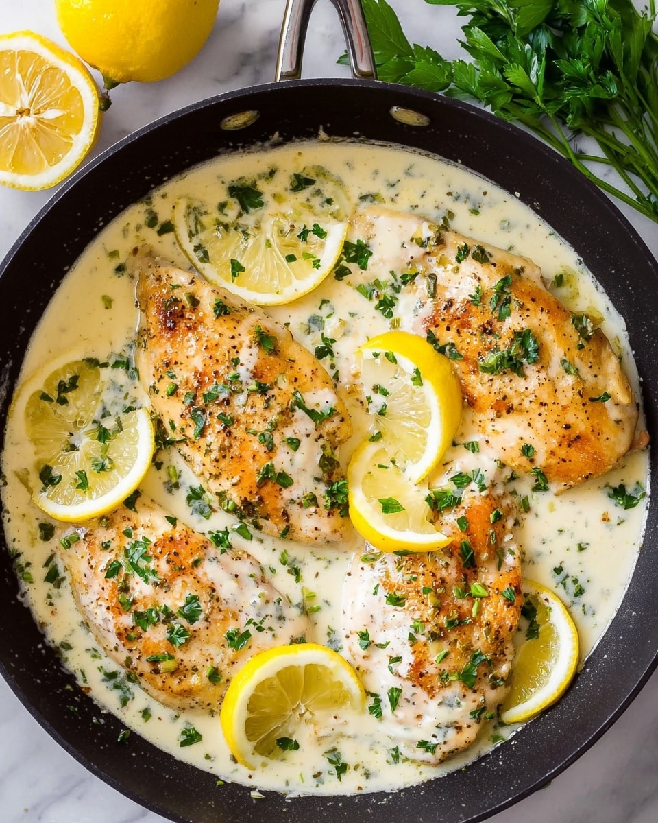 The image shows three golden-brown chicken breasts cooked in a creamy white sauce, sprinkled with black pepper and herbs, positioned close to each other in a white pan. The creamy sauce surrounds the chicken, with a smooth and slightly thick texture. There are bright green parsley pieces scattered over the chicken and sauce, adding color contrast. Two lemon slices, one whole and one partly cut, rest on top of the chicken breasts, showing their juicy pale yellow flesh. The background is a white marbled texture. photo taken with an iphone --ar 4:5 --v 7