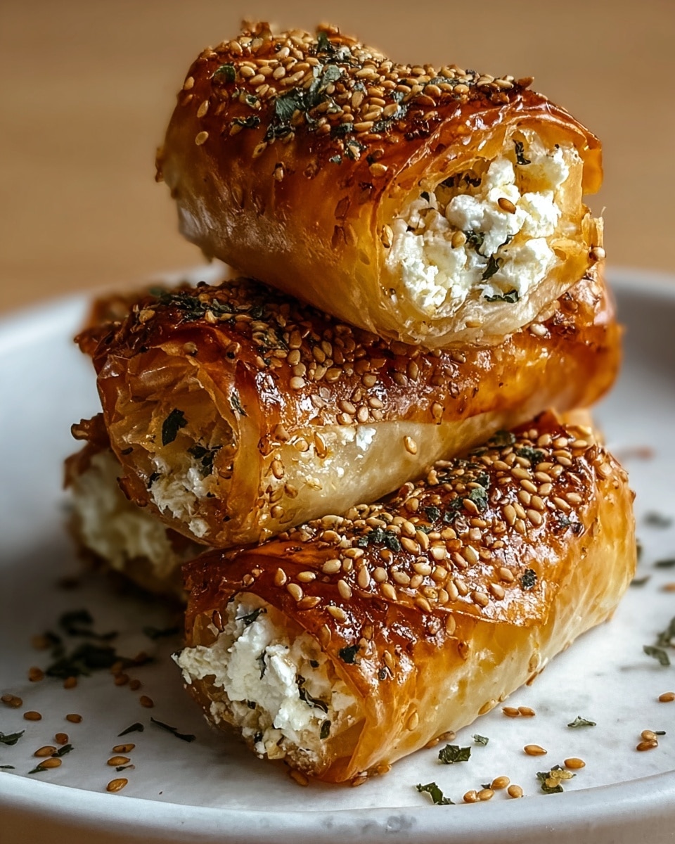 The image shows four golden-brown phyllo pastry rolls stacked on a white plate, each filled with white, crumbly cheese inside. The thin, flaky layers of the phyllo dough are crispy and shiny, with a glossy glaze on top. The rolls are sprinkled with sesame seeds and bits of chopped green herbs, giving a textured and colorful contrast on the surface. The plate rests on a white marbled texture with some scattered herbs around, adding to the fresh look of the dish. photo taken with an iphone --ar 4:5 --v 7