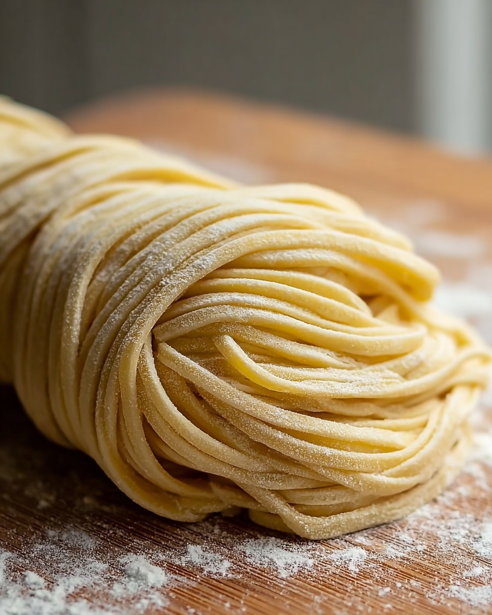 The image shows a neat bundle of fresh pasta dough strands carefully folded over each other in two main thick layers, with a pale yellow color and a soft, slightly rough texture dusted lightly with white flour. The pasta rests on a wooden board that has a few scattered flour grains around it, highlighting the fresh homemade quality. The background is softly blurred, drawing focus to the smooth, curved folds and the gentle shadows formed by the strands. photo taken with an iphone --ar 4:5 --v 7