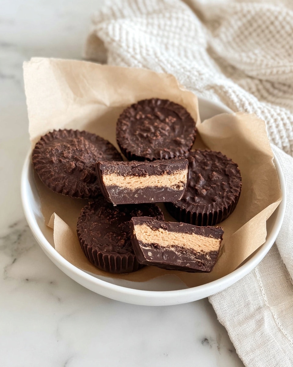 A white bowl with light brown parchment paper inside holds seven round peanut butter cups with a rough, bumpy dark chocolate surface. Two of the peanut butter cups are cut in half, showing two inner layers: a thick light brown peanut butter filling in the center, surrounded by a darker chocolate outer layer. The bowl sits on a white marbled surface with a textured cream cloth partially shown in the background. photo taken with an iphone --ar 4:5 --v 7