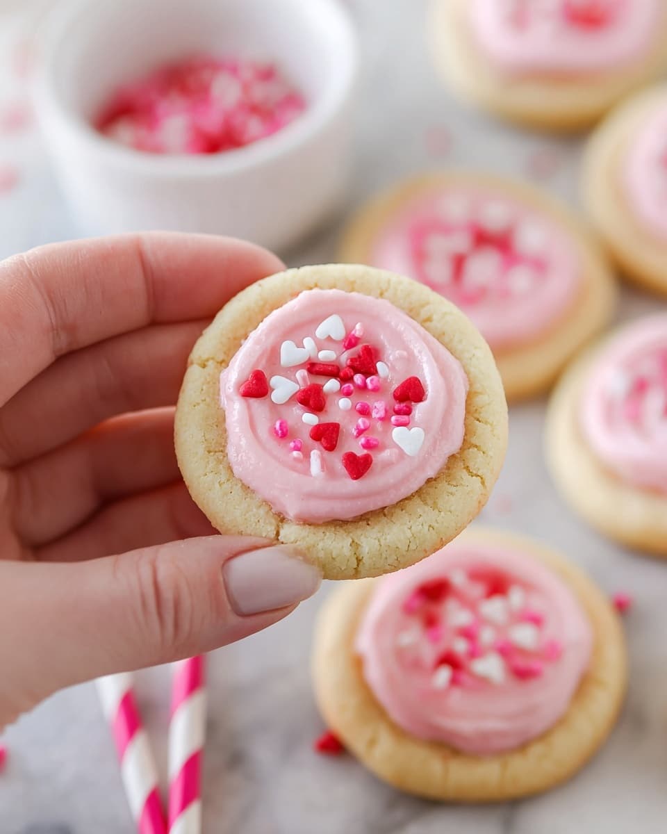 A close-up of a small round cookie held between a woman's thumb and forefinger, showing two layers: the outer layer is a light golden cookie with a slightly crumbly texture, and the inner layer is smooth pink frosting decorated with small heart-shaped sprinkles in red, pink, and white. In the background, several more cookies on a white marbled surface are visible, each having the same two-layer look and pink frosting with hearts. A white bowl and a pink-and-white striped straw are also faintly visible around the scattered cookies. photo taken with an iphone --ar 4:5 --v 7