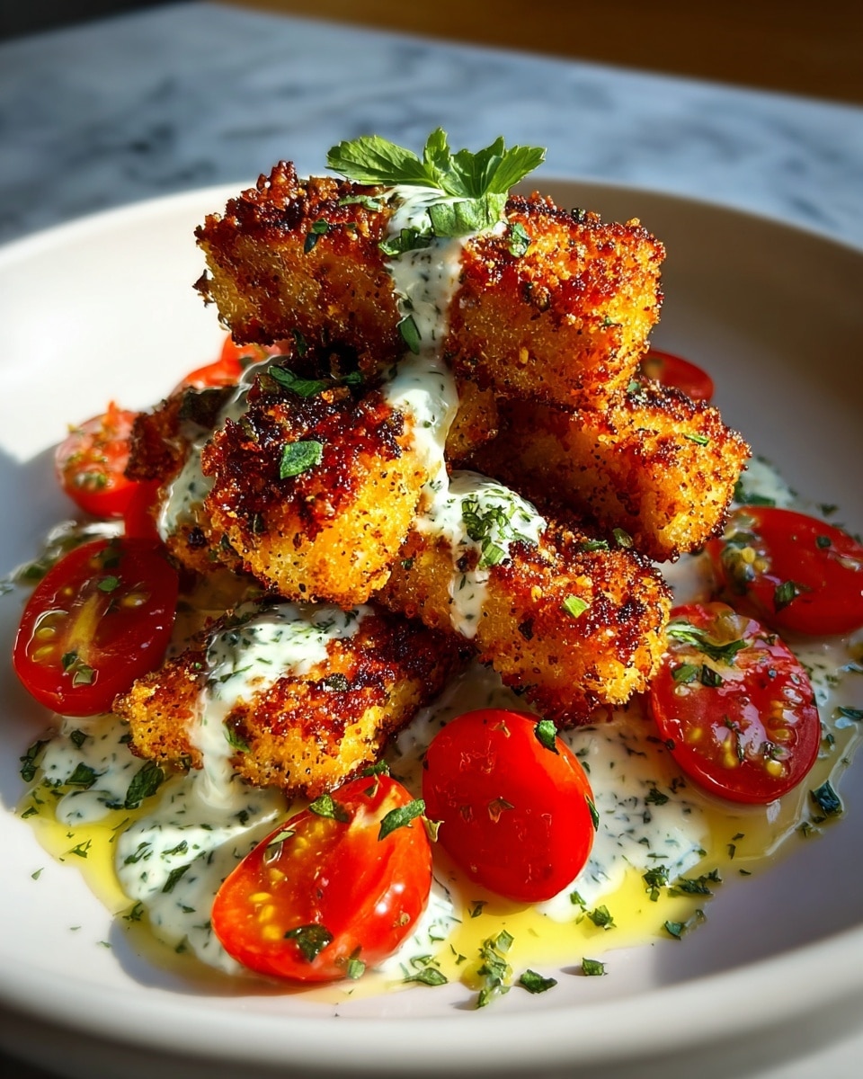The image shows four pieces of grilled chicken lined up on a white plate, each piece with a crispy, golden-brown charred surface with black grill marks and sprinkled green herbs on top. Small white dollops of creamy sauce are spread unevenly across the chicken pieces, adding texture contrast. To the side of the chicken, there are several shiny, bright red cherry tomatoes clustered together, and in the background, a wedge of lemon sits slightly out of focus. The dish is set against a white marbled surface with soft natural light creating a warm and inviting look. Photo taken with an iphone --ar 4:5 --v 7