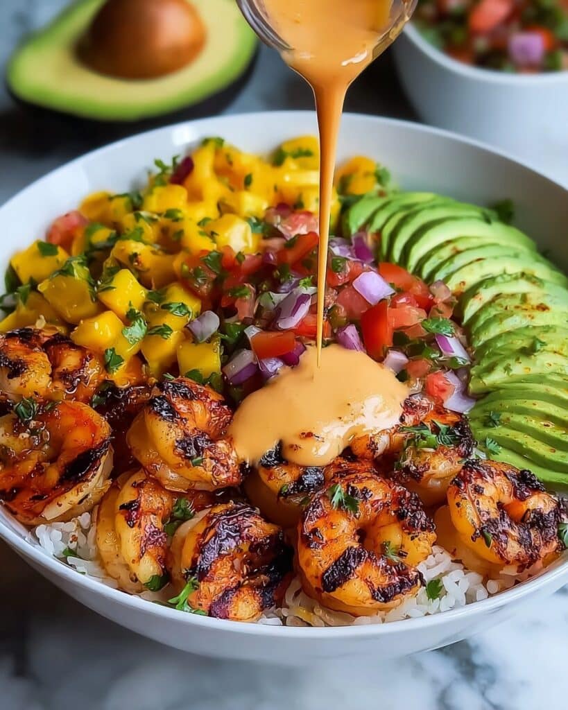 Mediterranean Shrimp and Avocado Bowls with Mango Salsa & Lime-Chili Sauce Recipe