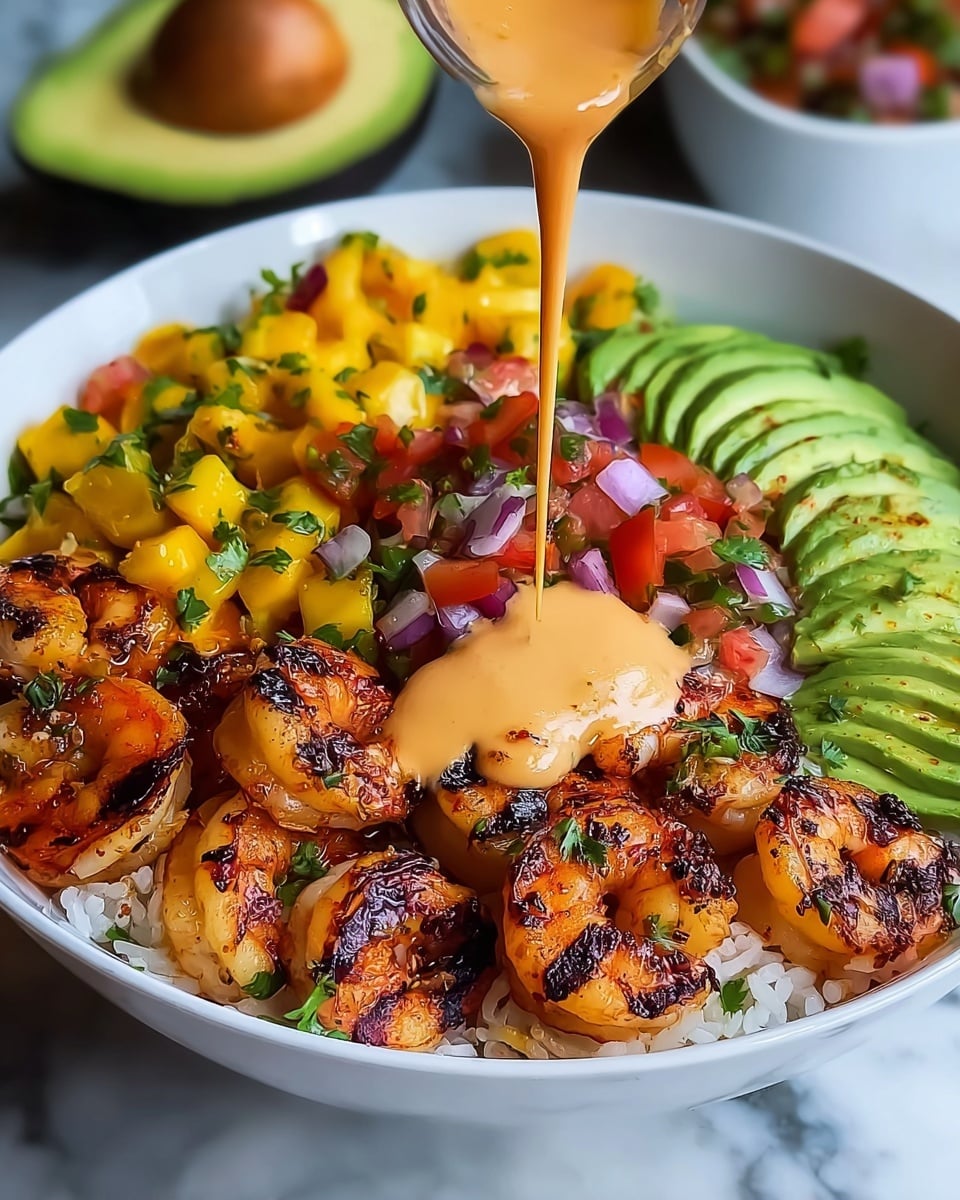 A white bowl holds a colorful shrimp bowl with three main layers visible. The bottom layer is white rice, soft and fluffy, filling the base. On this, there is a mix of grilled shrimp showing a rich orange color with dark char marks, arranged mainly on the left side, and bright mango salsa with small diced yellow mango, red tomato, purple onion, and green herbs scattered on the right side. The third layer is thin slices of light green avocado fanned out neatly on the far right. A light orange creamy sauce is being poured from above, drizzling over the shrimp and mango salsa, adding a smooth texture and glossy shine. The bowl sits on a white marbled surface, with a blurred background showing more avocado and salsa on another white bowl. photo taken with an iphone --ar 4:5 --v 7