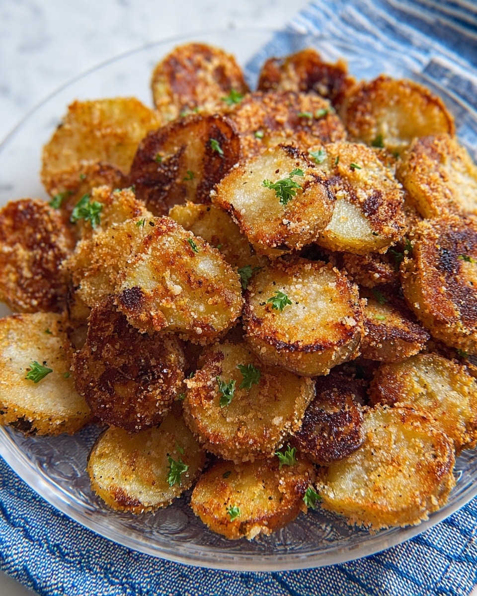 This image shows a close-up of crispy roasted potatoes piled on a clear glass plate. The potatoes are cut into small, round pieces with a golden-brown, crunchy coating and small areas of darker crisp. Some pieces have a rough texture from the fried edges. The potatoes are garnished with small green parsley leaves scattered on top. The plate is placed on a white marbled surface with a blue and white striped cloth slightly visible in the background. Photo taken with an iphone --ar 4:5 --v 7