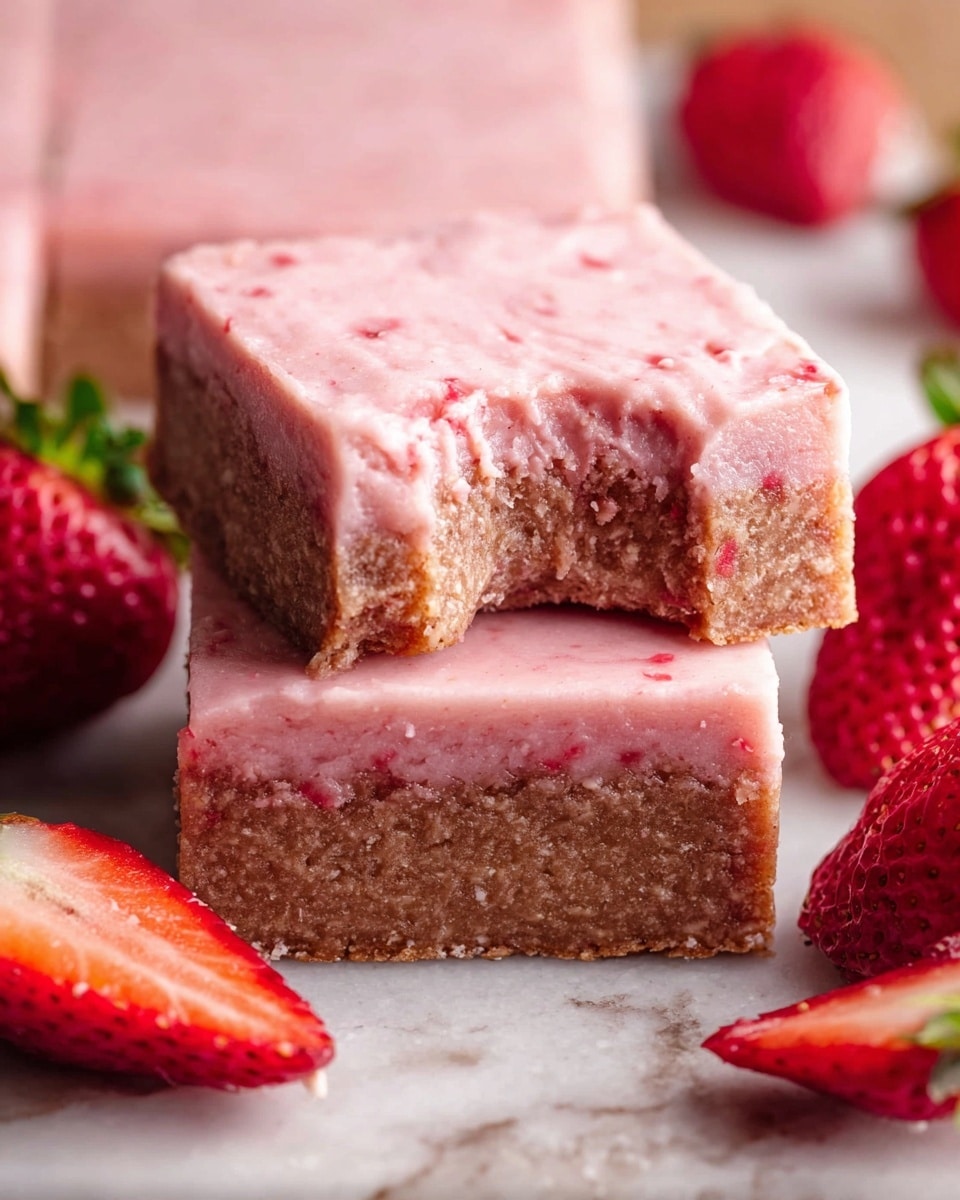 A close-up view of a square cake piece with one bite taken from it, showing two layers: the bottom layer is light brown and crumbly with a soft texture, and the top layer is a thick, smooth light pink frosting sprinkled with tiny darker pink specks. The cake piece is placed on brown parchment paper, which rests on a wooden surface, and is surrounded by fresh whole and halved bright red strawberries with visible seeds and leaves. Photo taken with an iphone --ar 4:5 --v 7