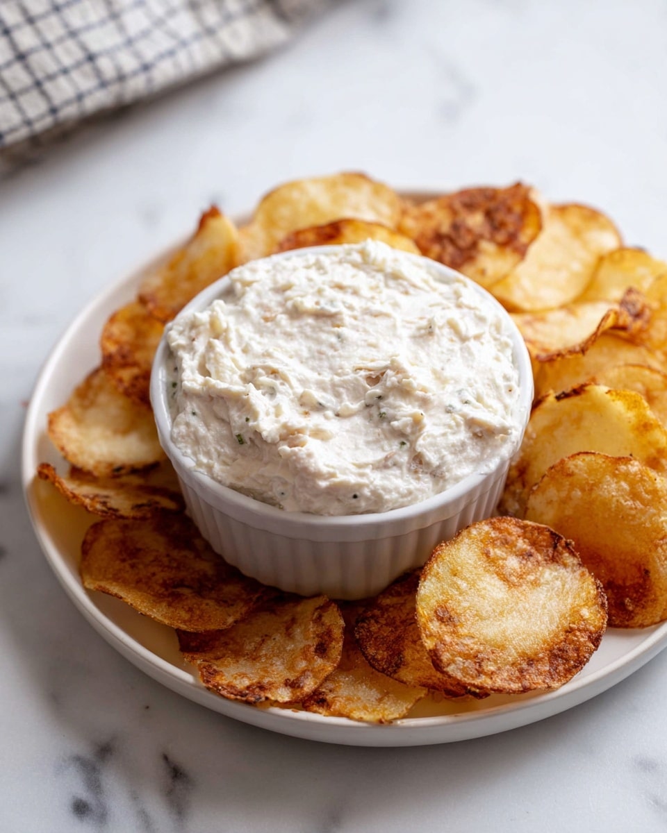 A white plate sits on a white marbled textured surface, filled with a ring of crispy, golden-brown potato chips with some darker, toasted spots around the edges. In the center of the plate is a white bowl containing a thick, creamy white dip with a slightly chunky texture. The plate is viewed from above, showing the contrast between the warm colors of the chips and the cool, smooth dip. A beige cloth with a black check pattern is softly blurred in the background. photo taken with an iphone --ar 4:5 --v 7