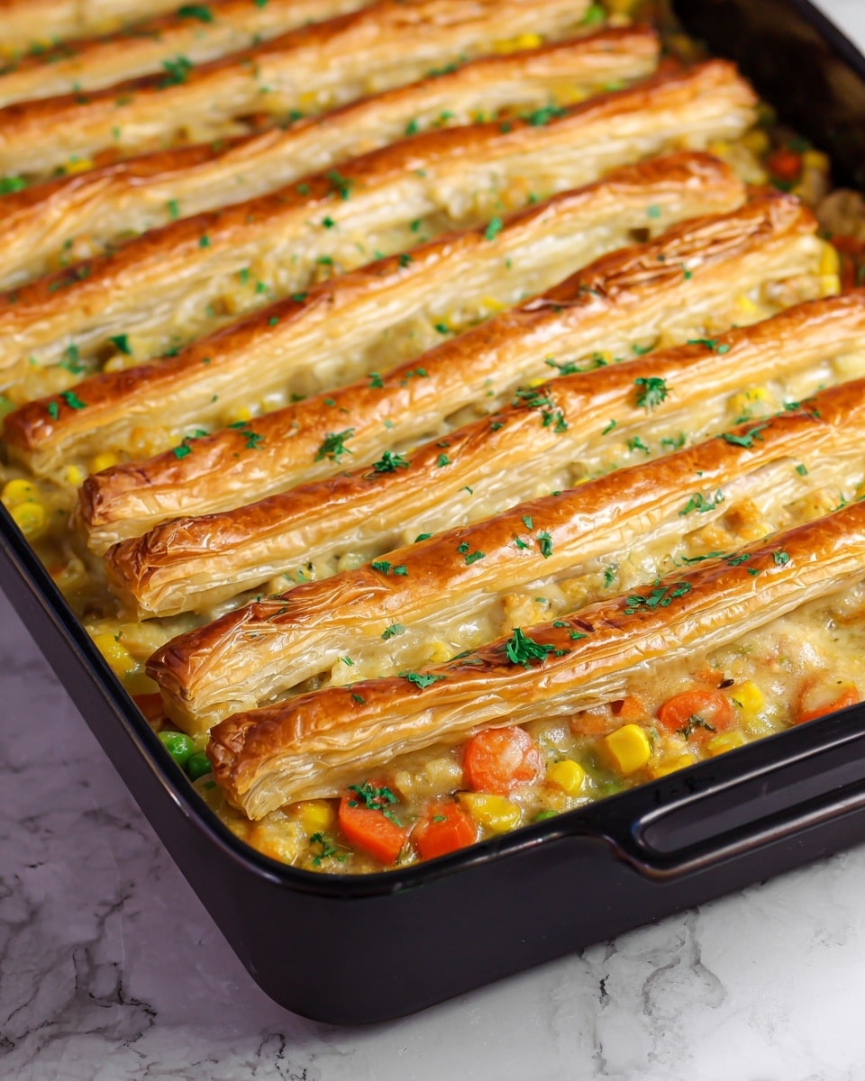 The dish is a rectangular baked casserole in a black pan placed on a white marbled surface, topped with parallel strips of golden-brown puff pastry arranged evenly across the length of the dish. Beneath the glossy and flaky pastry strips, there is a thick layer of mixed vegetables including orange carrots, yellow corn, and green peas, all bound together by a creamy sauce with a light yellow color. Small green herb pieces are sprinkled over the top, adding a touch of fresh color. The puff pastry strips appear crisp and slightly shiny from an egg wash, contrasting nicely with the soft-looking vegetable filling beneath. A wooden spatula lies next to the pan on the white marbled surface. photo taken with an iphone --ar 4:5 --v 7