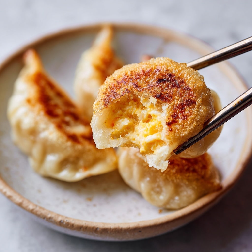 A white plate holds four golden-brown fried pierogis arranged close together, each showing slight crisp edges with a soft, slightly shiny surface. The pierogis are topped with small sliced green onions scattered unevenly, adding a fresh green color contrast. To the right on the plate, there is a small wooden bowl filled with white sour cream that has a smooth, creamy texture. The plate sits on a white marbled surface, giving a clean and bright background. photo taken with an iphone --ar 4:5 --v 7