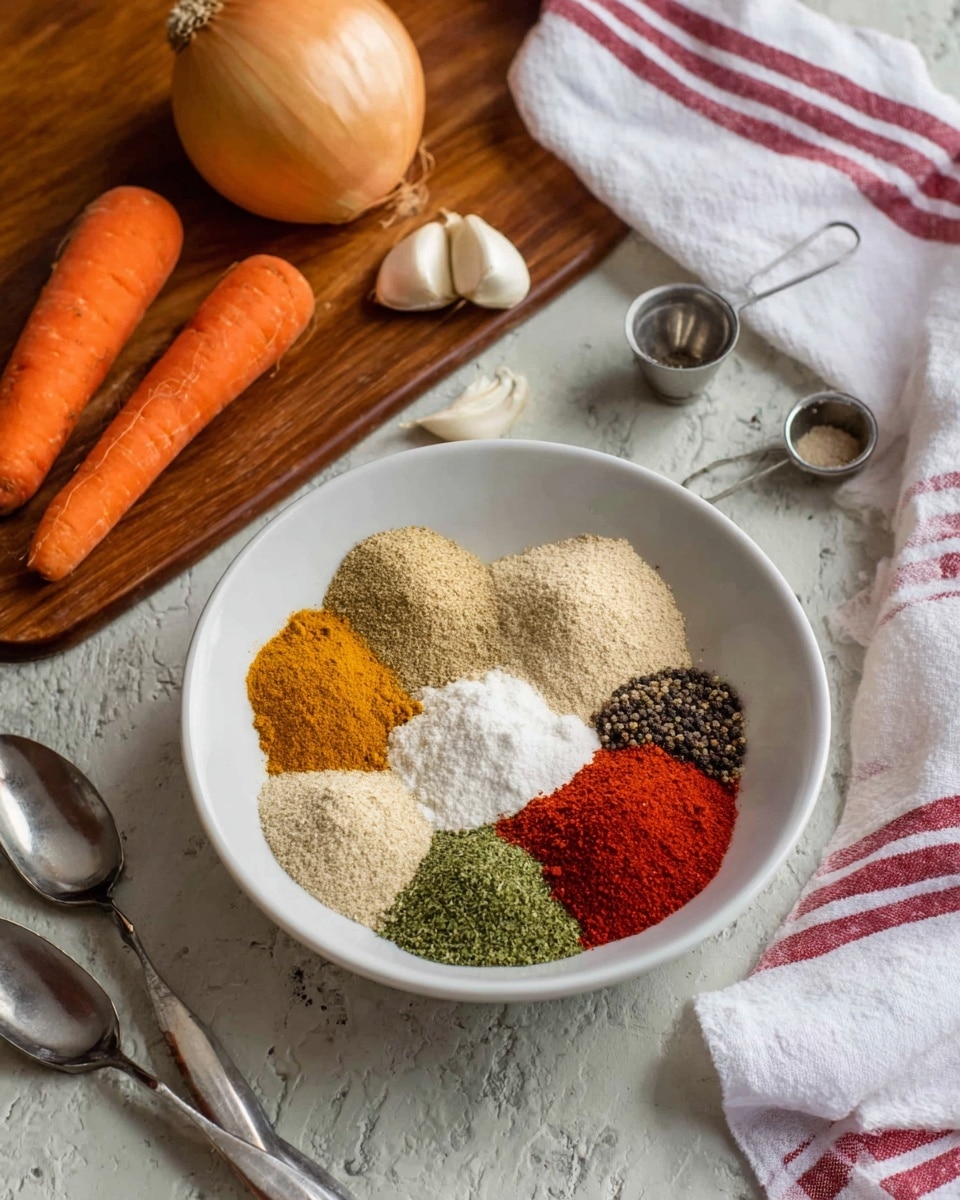 The image shows a close-up view of a clear glass jar filled to the top with light yellow flaky powder mixed with small green herb pieces, positioned in the center. To the top left, there are two orange carrots and a whole white onion with a rough top, all resting on a wooden cutting board. To the bottom left, two garlic cloves lie on the white marbled surface. On the right side, a small portion of a white cloth napkin and the edge of a metal spoon or bowl are visible. The scene is arranged on a white marbled texture background. photo taken with an iphone --ar 4:5 --v 7