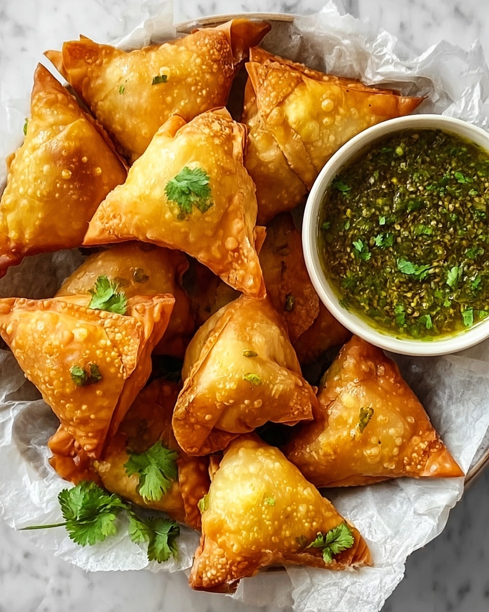 A white rectangular tray lined with light gray parchment paper holds a pile of golden brown, crispy samosas. Each samosa is triangular with a bubbly, flaky texture on the surface, and the edges are fried to a crisp, deeper orange color. Small green cilantro leaves are scattered on top and around the samosas for garnish. To the right of the samosas is a small round white bowl filled with a green chutney sauce, which has a slightly chunky texture with visible bits of cilantro and mustard seeds. The whole setup is placed on a white marbled texture surface. photo taken with an iphone --ar 4:5 --v 7
