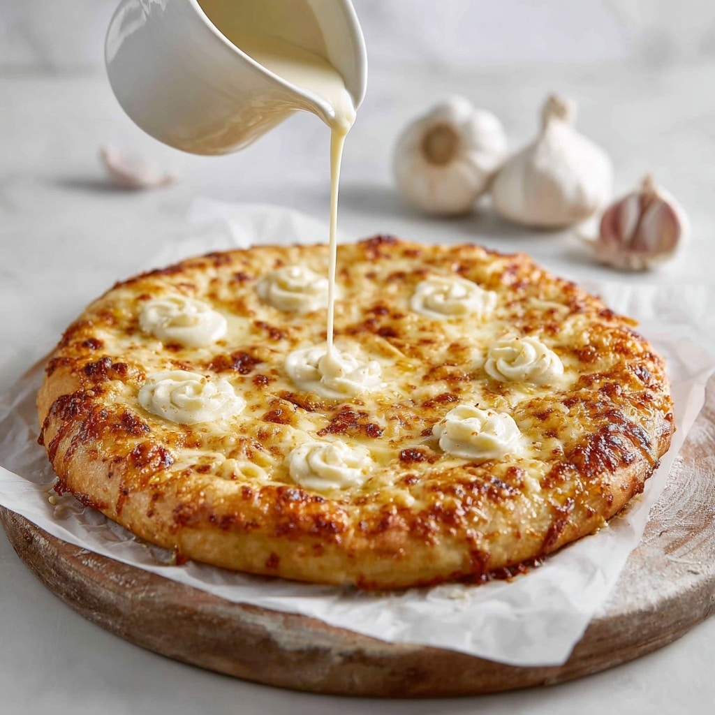 A thick, light golden pizza crust topped with melted cheese that has some browned spots, showing it is baked; nine evenly spaced, white garlic bulbs placed on top, each with a soft, smooth texture; creamy white sauce being poured in a thick stream from above, falling into the middle of the pizza and pooling there; the pizza sits on a piece of parchment paper on a round wooden board; in the background, whole garlic bulbs are blurred; the scene is set on a white marbled texture photo taken with an iphone --ar 4:5 --v 7