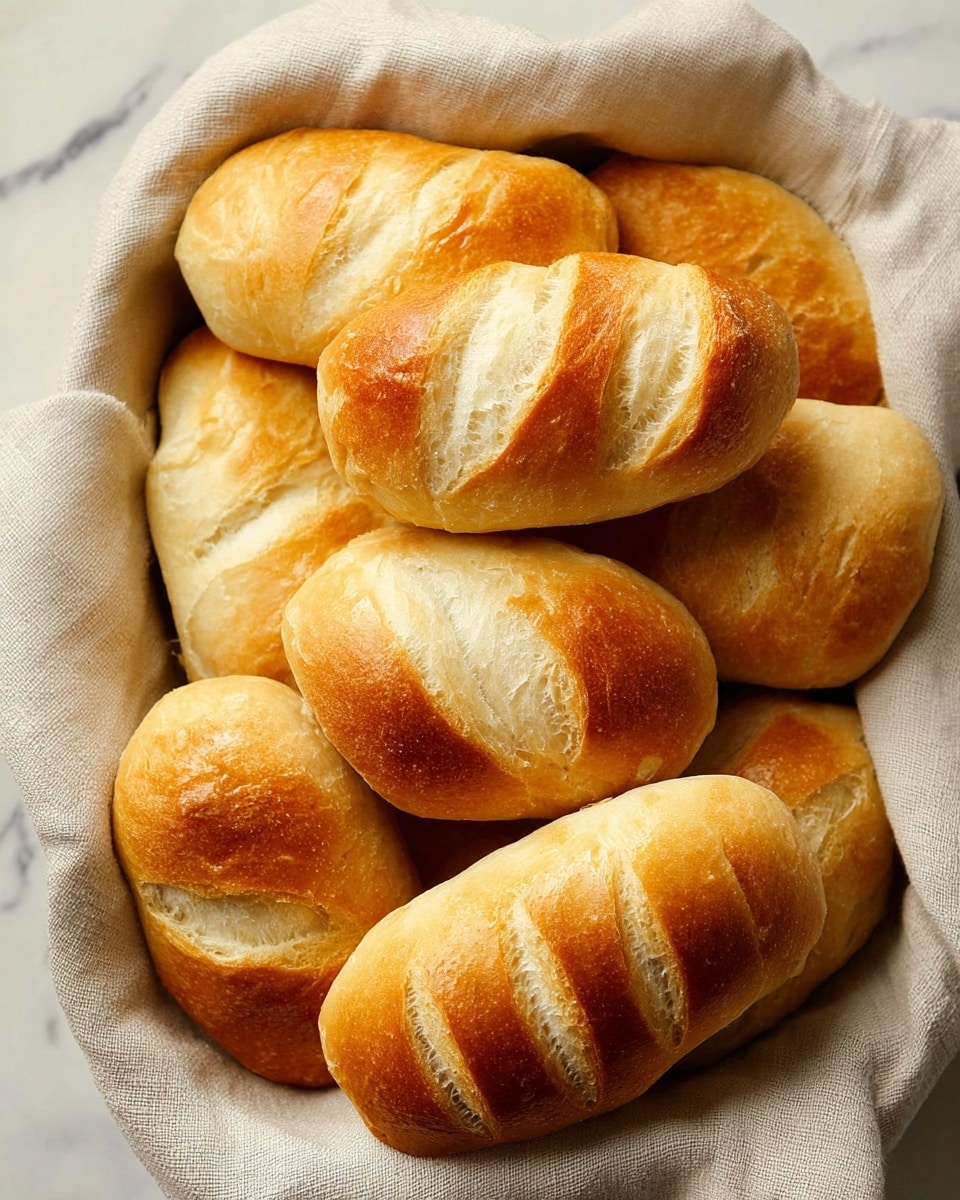 A basket lined with a light beige cloth holds a pile of golden brown bread rolls with a shiny, slightly crusty texture. Each roll shows three diagonal cuts on top, revealing soft, pale interior layers beneath the crisp outer crust. The bread rolls are closely packed, varying slightly in size and shape but all sharing a smooth, rounded oval form. The basket rests on a surface with a white marbled texture that adds a clean and fresh look to the scene. photo taken with an iphone --ar 4:5 --v 7