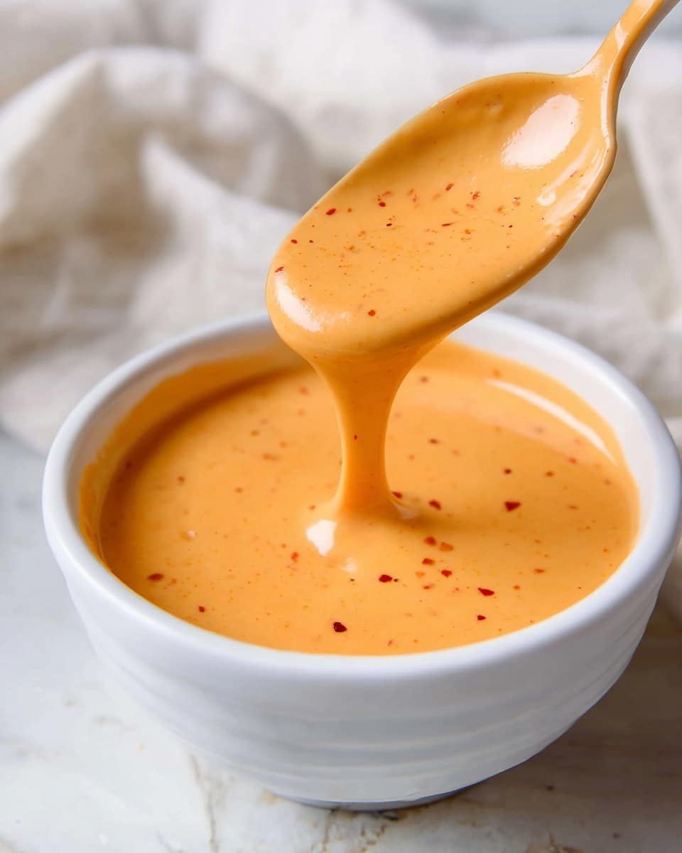 A close-up of a thick orange sauce with small red specks showing its smooth and creamy texture. It is held on a spoon above a white bowl filled with the same sauce, with some sauce dripping back into the bowl. The bowl rests on a white marbled surface, and a soft white cloth is blurred in the background. photo taken with an iphone --ar 4:5 --v 7
